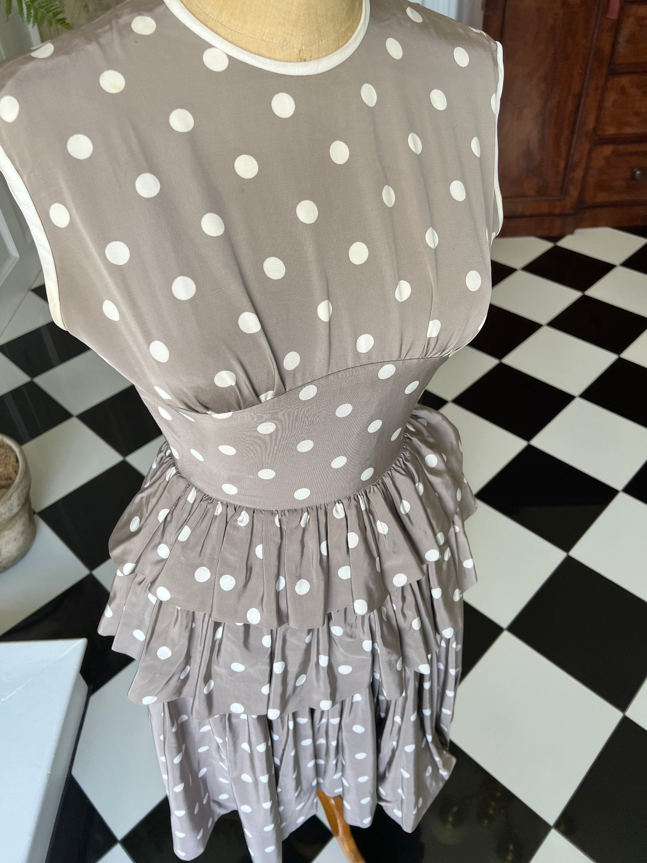 1950s mink and  white  silk tafetta polka dot ruffle skirt dress