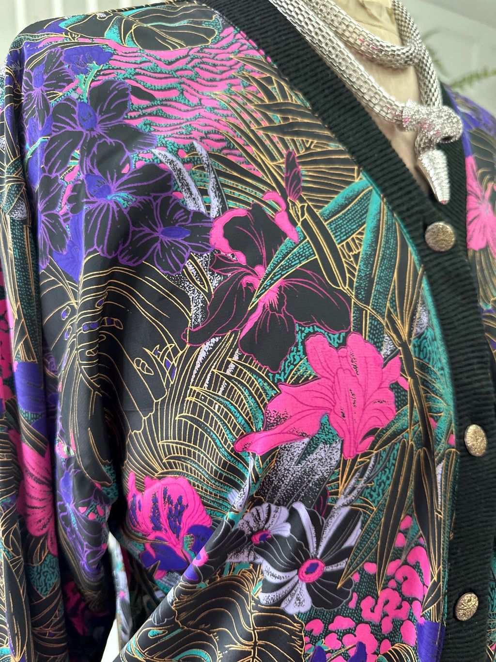 1980s Black Blouse Cardigan with Tropical Pattern