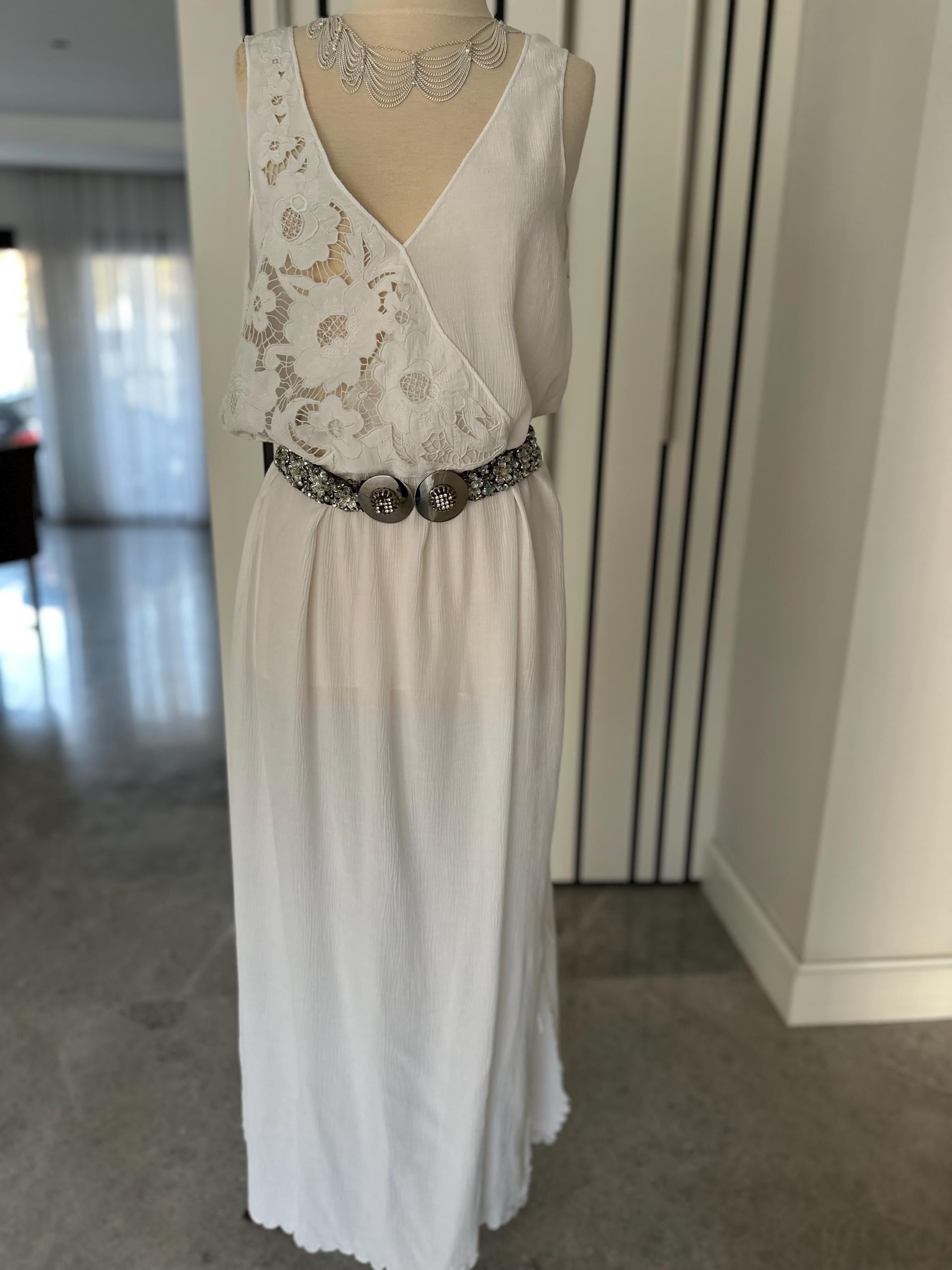 1970s crossover cutout lace white long slip dress