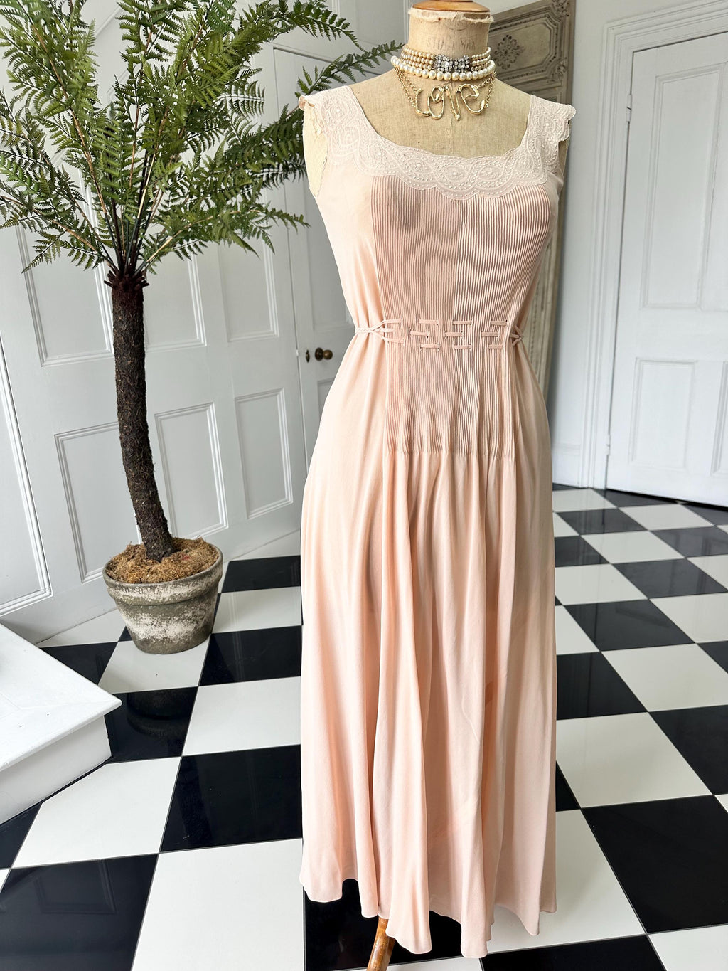 1930s Silk Crepe Gown: Hand-Embroidered Lace, Bias Cut Maxi Dress