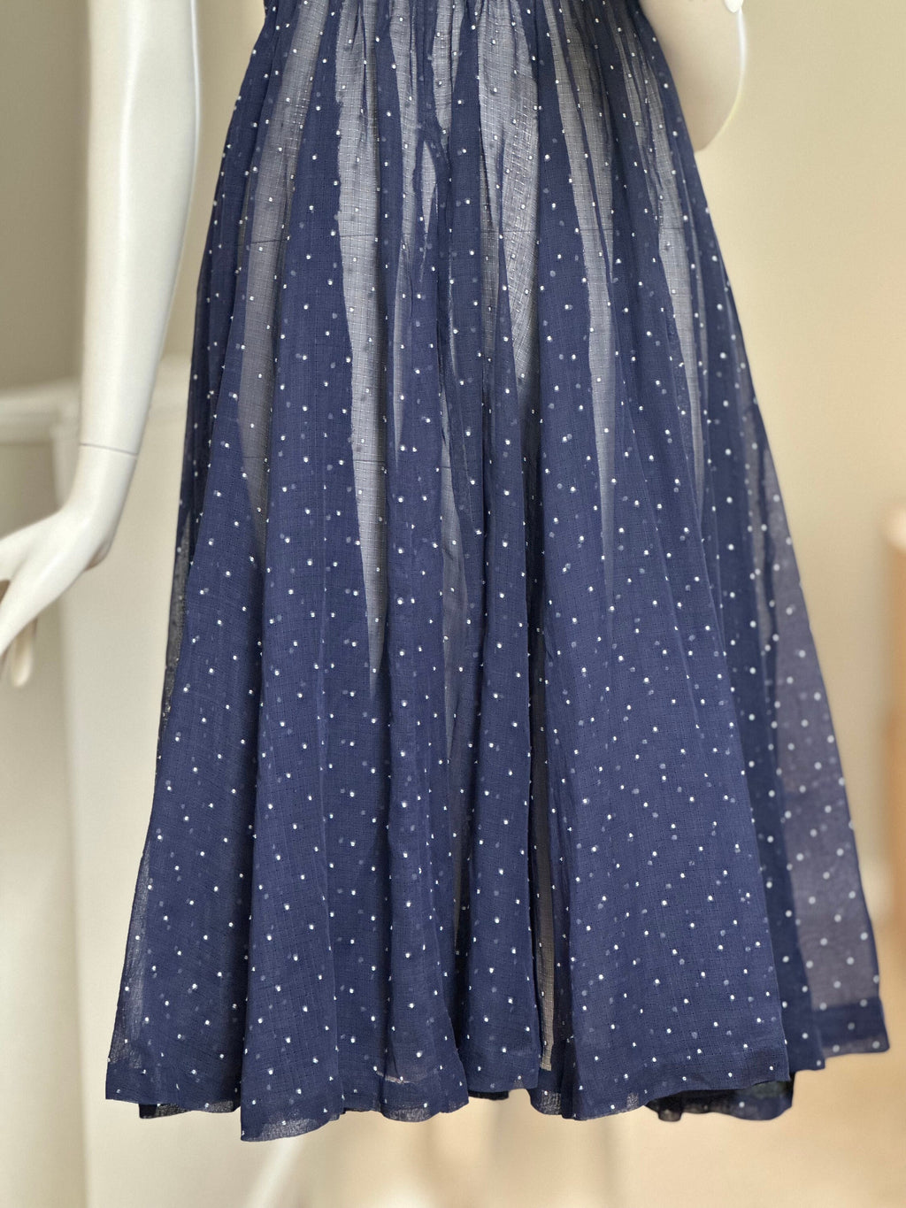 1940s Muslin Navy and white polka dot full skirt dress with extra large collar