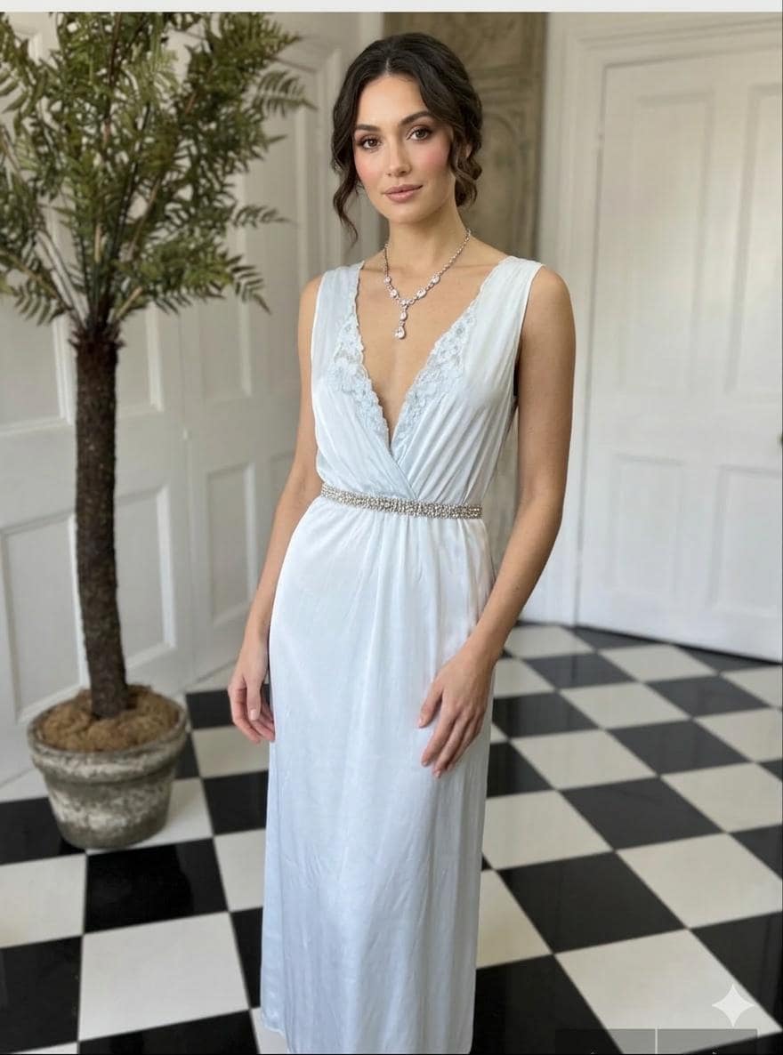 Sexy 1980s long slip dress in pale blue