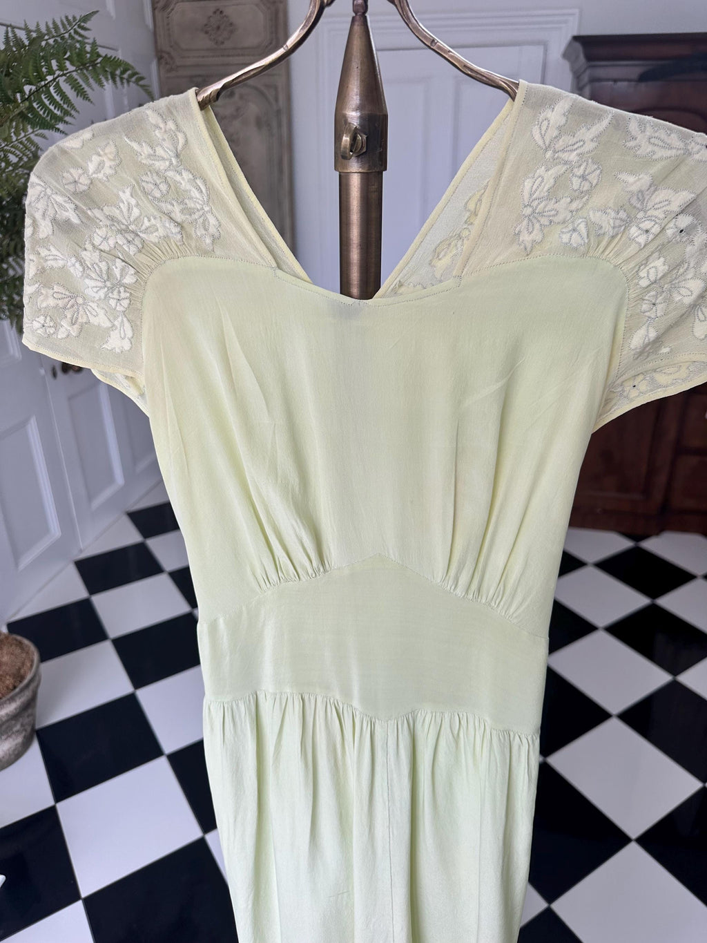 1940s Vintage Silk  Hand Embroidered Dress in mint green
