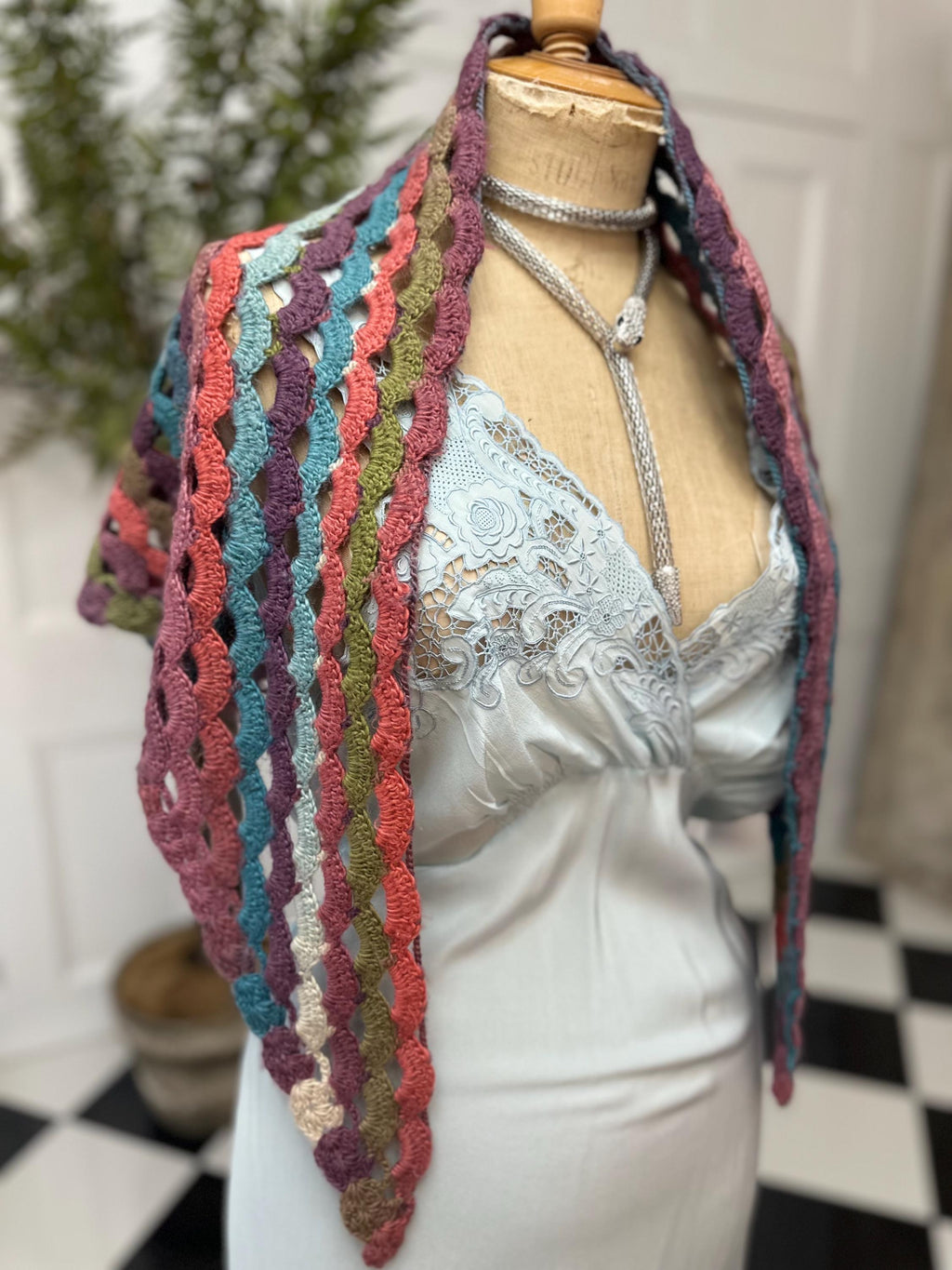 1970s Vintage hand knitted multi coloured shawl
