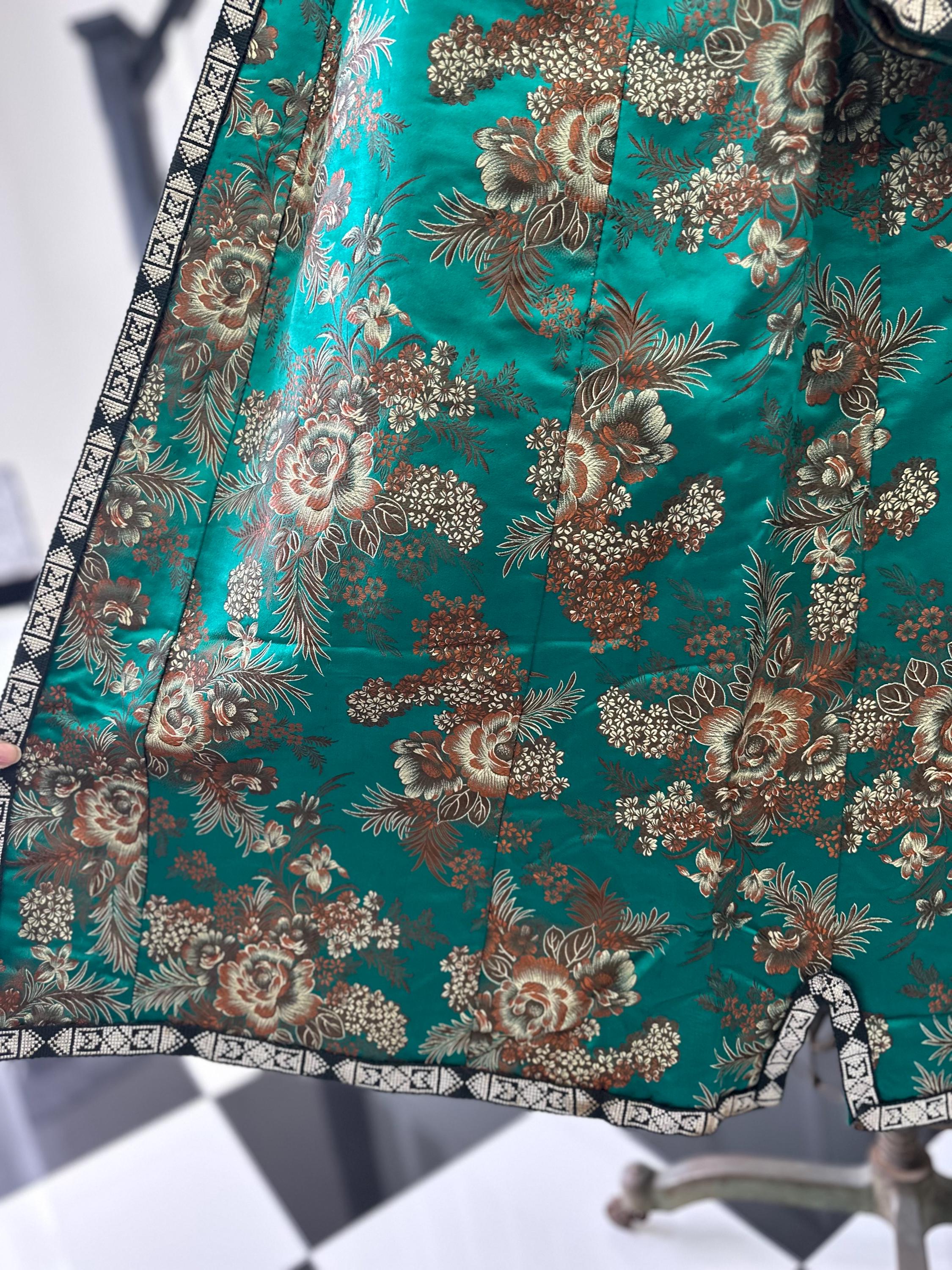 Antique Brocade Emerald Green Robe from the 1900s