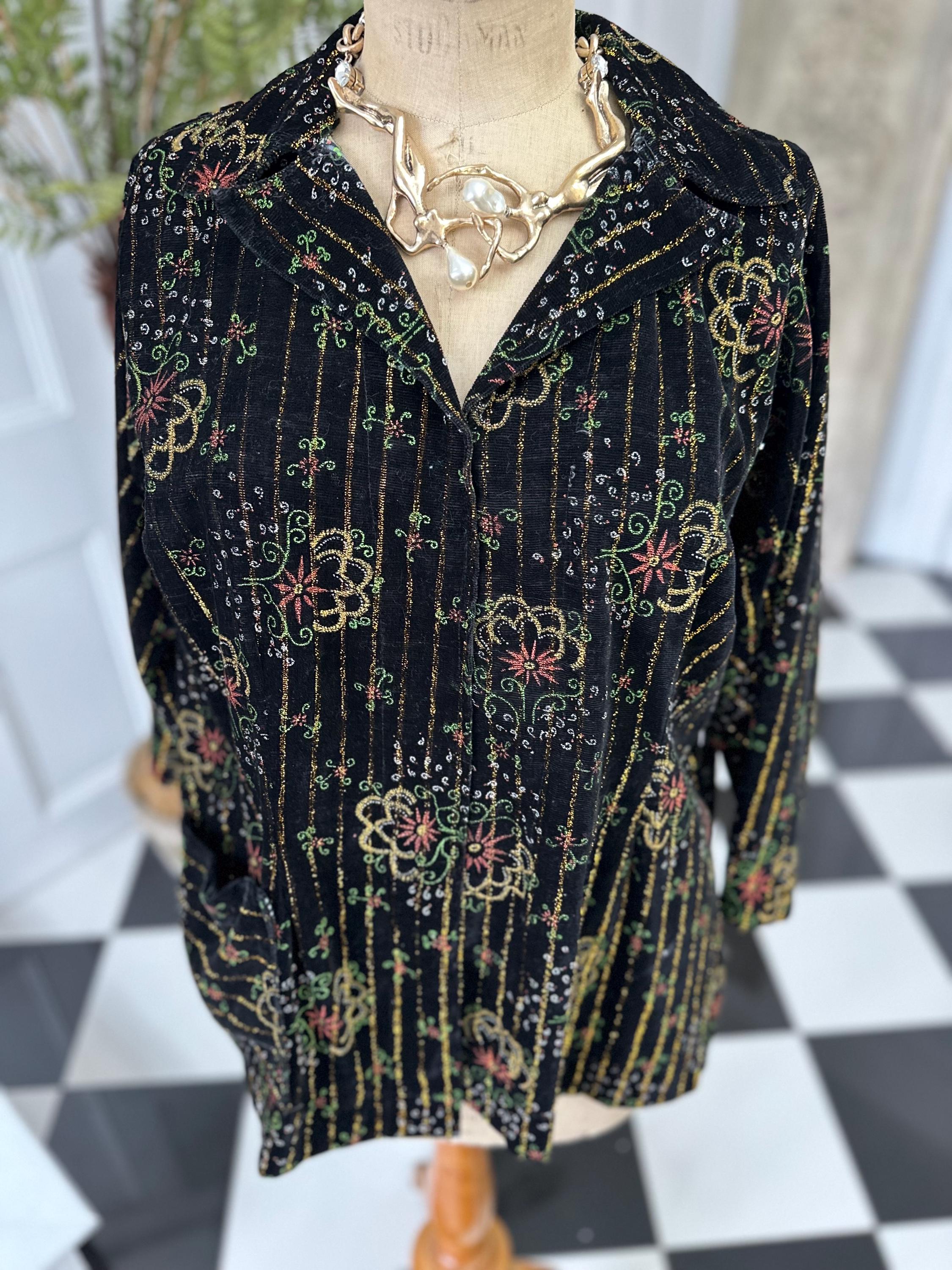 1970s box style velvet jacket blouse in gold thread floral embroidery