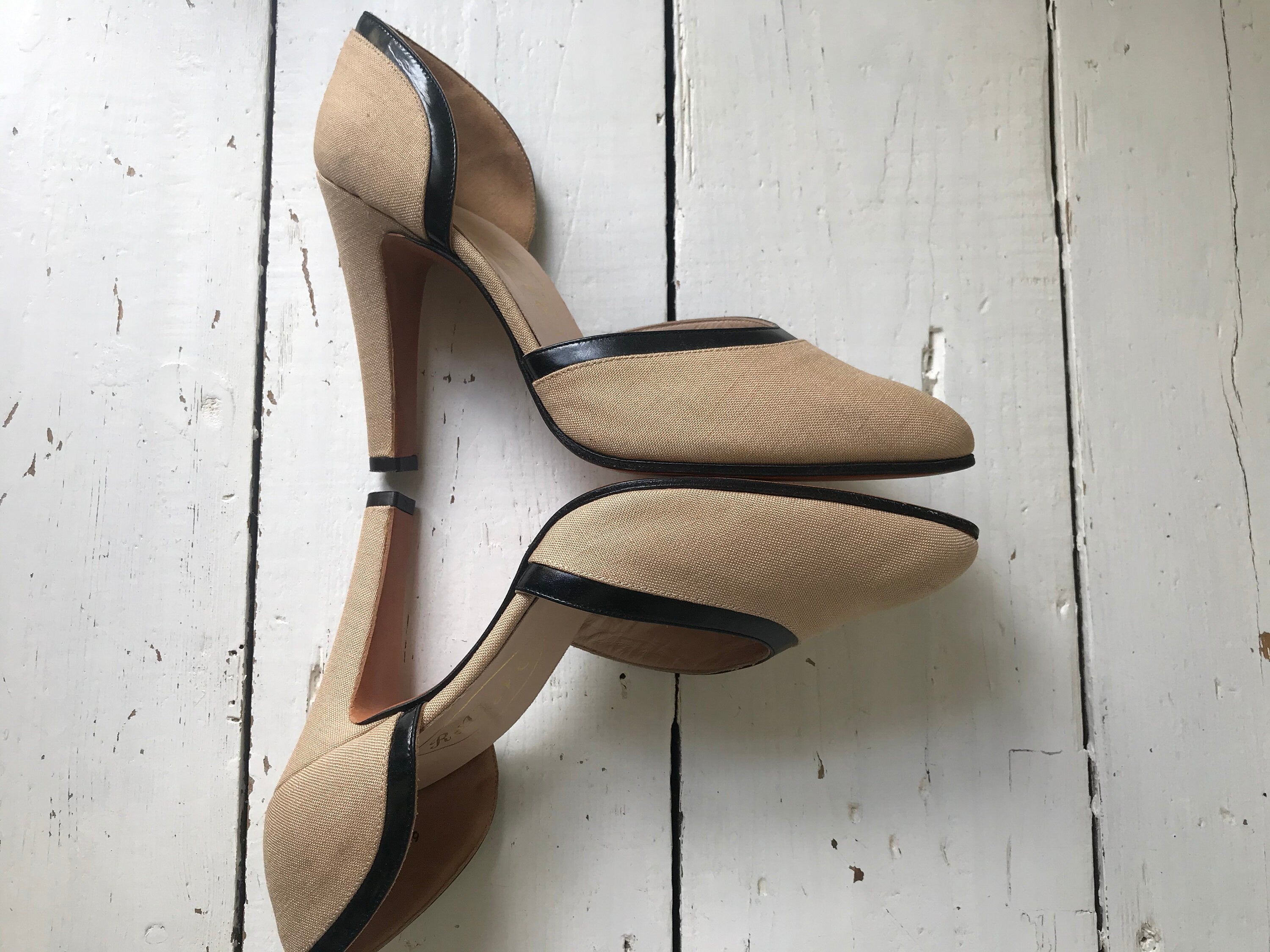 Rayne Cream Linen Heels with Black Leather Trim (UK 3.5 / US 6b)