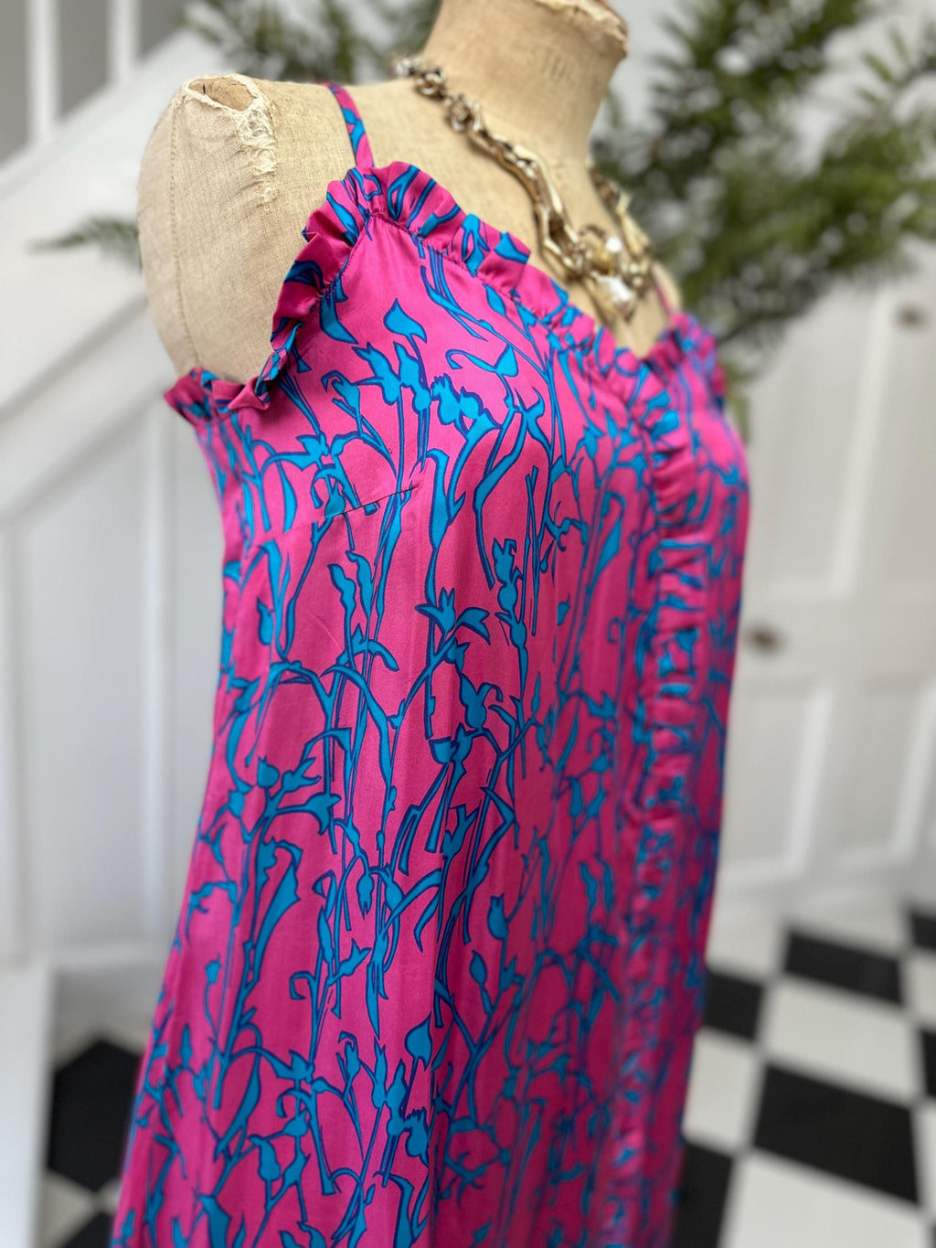 1970s Vintage silk spaghetti summer dress in hot pink and turquoise