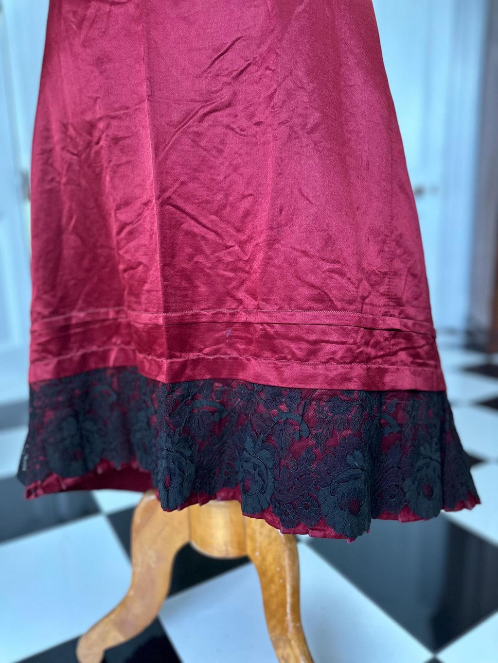 Victorian Dark Red Silk Satin Skirt  Elegant Black Lace Flounce