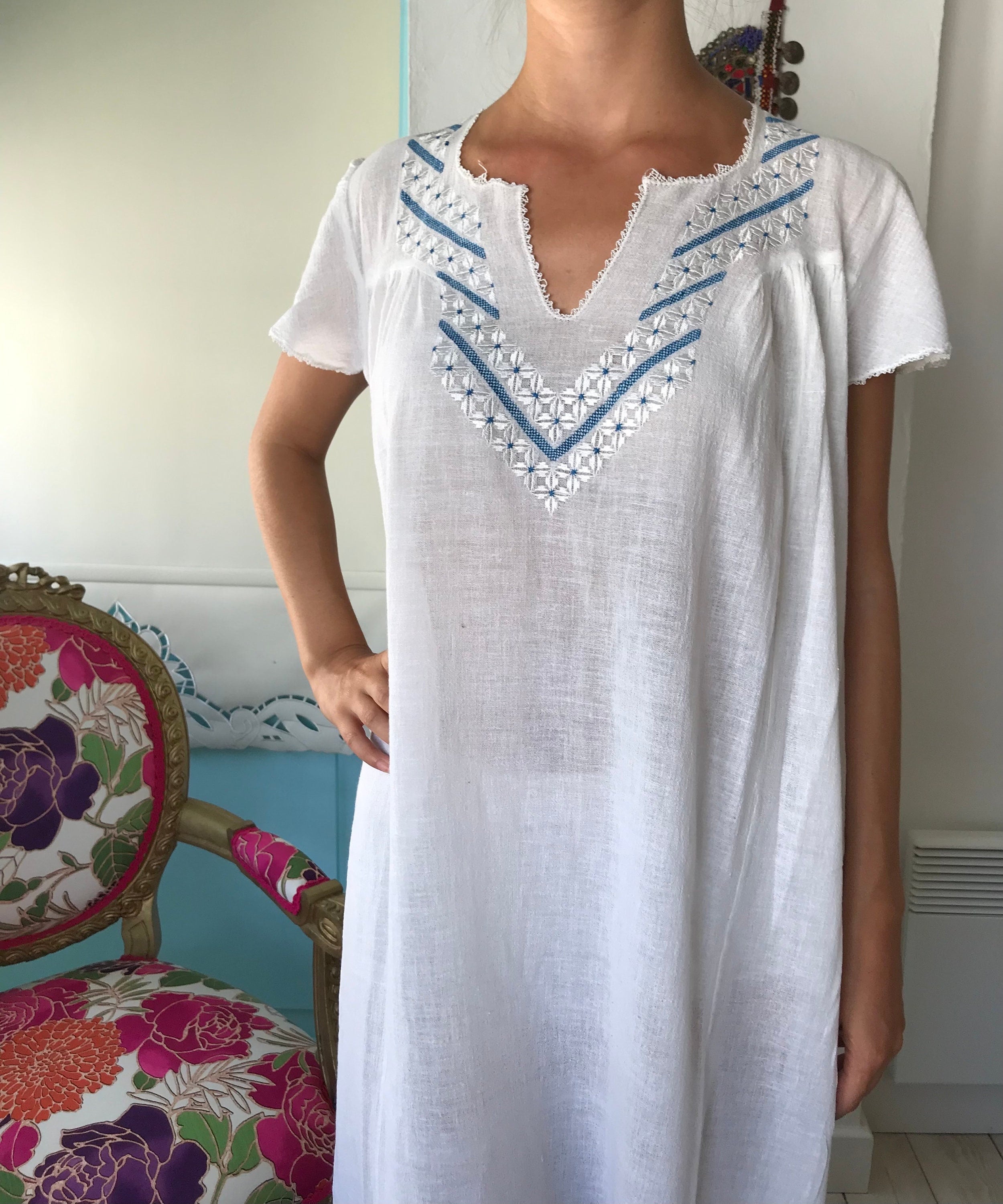 1970s hand loomed cotton muslin  hand embroidered smock dress