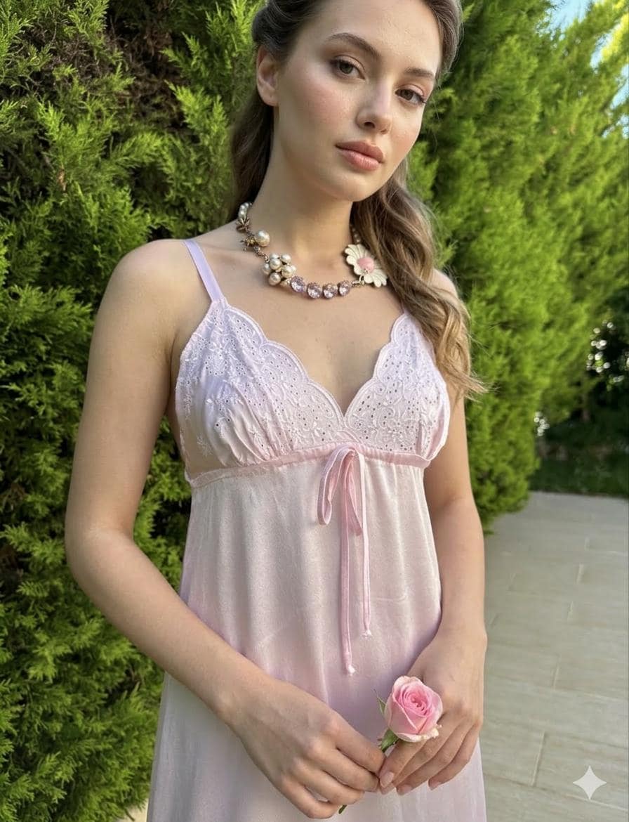 1970 Vintage long pink slip dress with embroidery