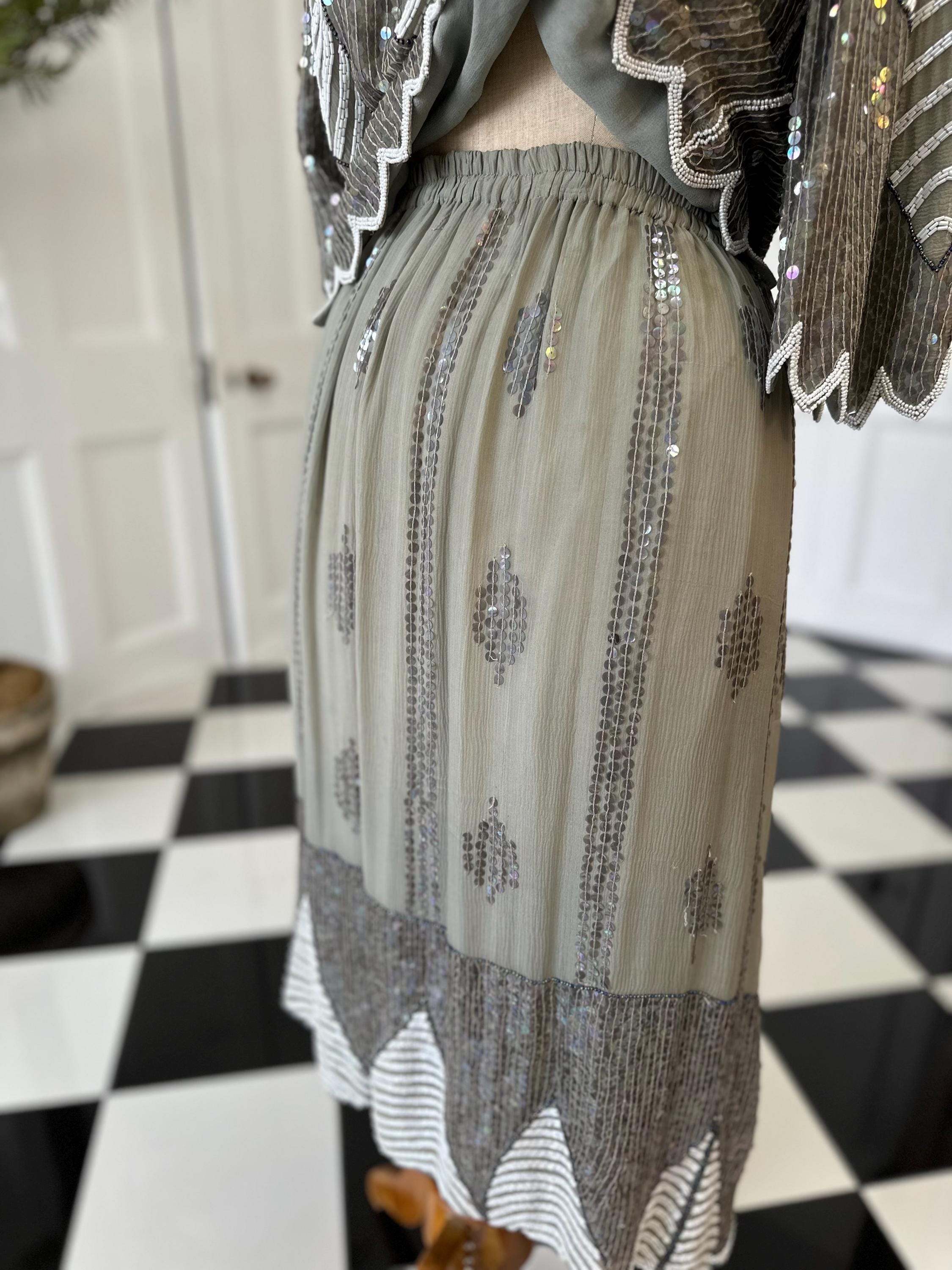 Vintage sage green and white sequin top and skirt