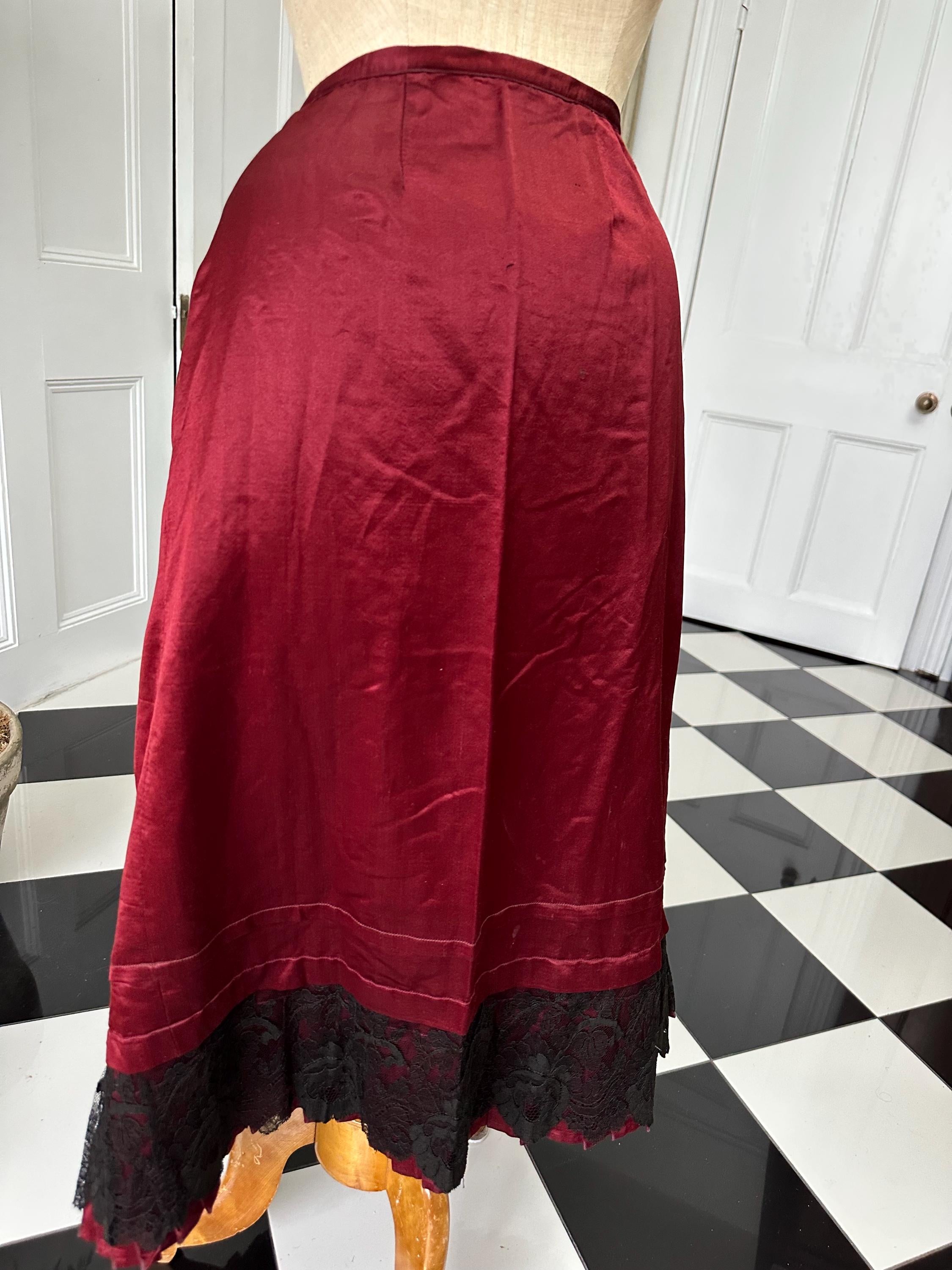 Victorian Dark Red Silk Satin Skirt  Elegant Black Lace Flounce