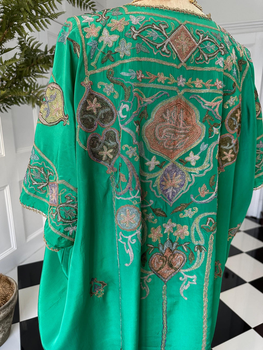 Antique Ottoman Silk Kaftan: 19th Century Emerald Green Embroidered Robe