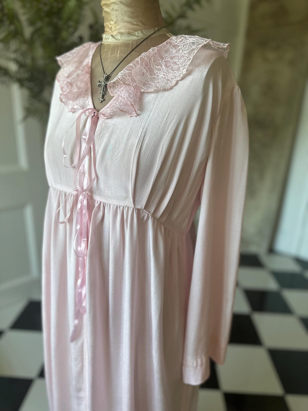 1970s Pink silky and lace long gown house coat