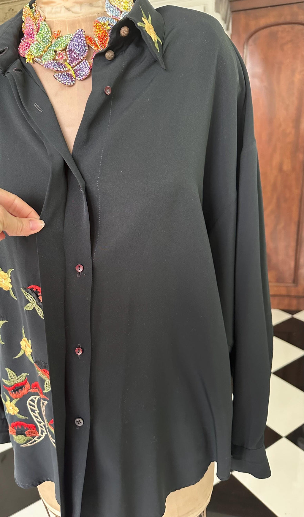 Vintage 1980s Black Long Sleeve Blouse with Embroidered Collar