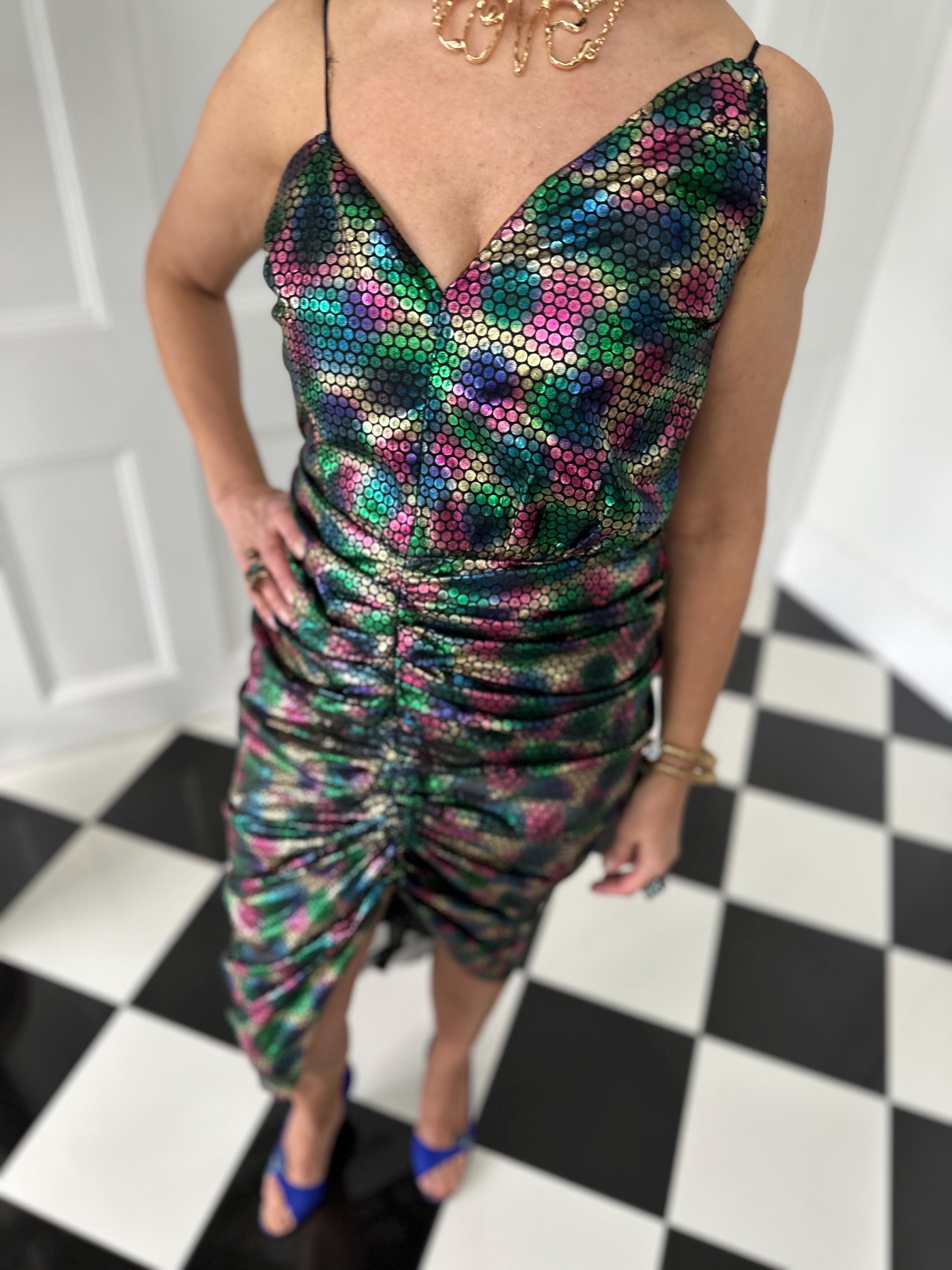 1980s vintage iridescent mermaid scale ruched cocktail  dress