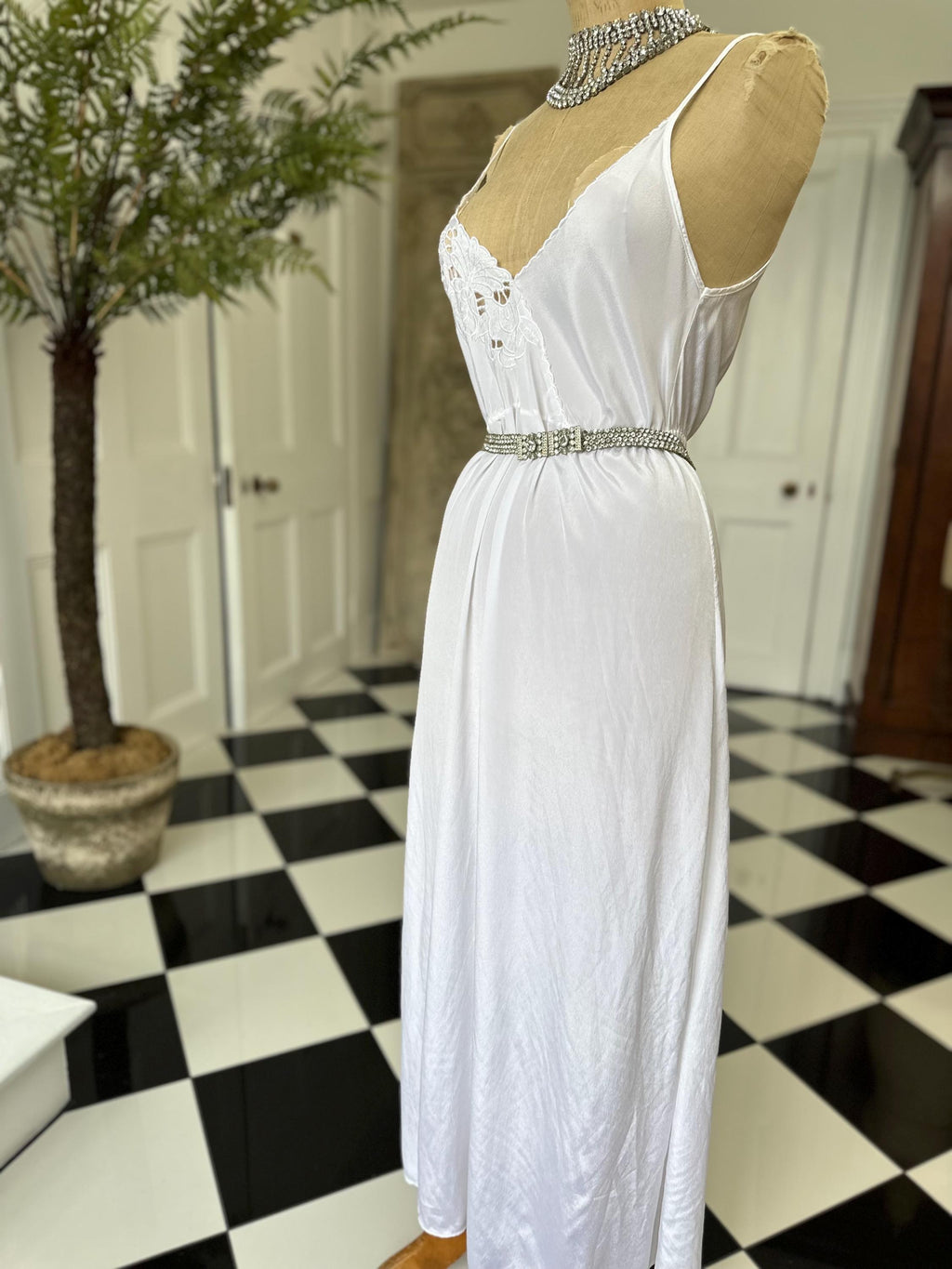 Vintage Long White Silk Slip with Lace Detailing