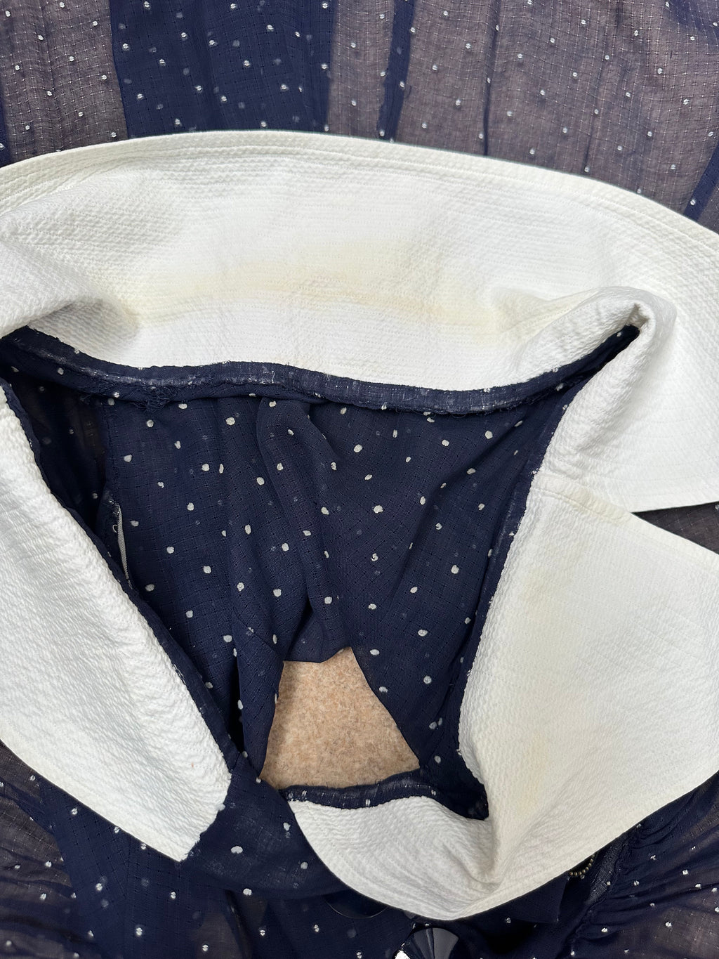1940s Muslin Navy and white polka dot full skirt dress with extra large collar