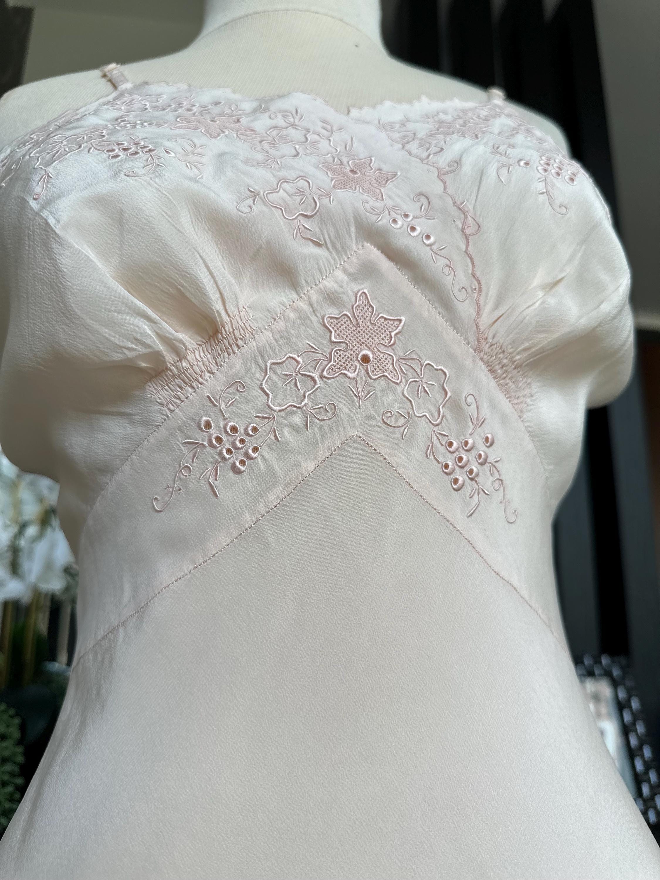 Antique 1930s Pale Pink Silk Slip – Authentic Art Deco Embroidery & Bias Cut
