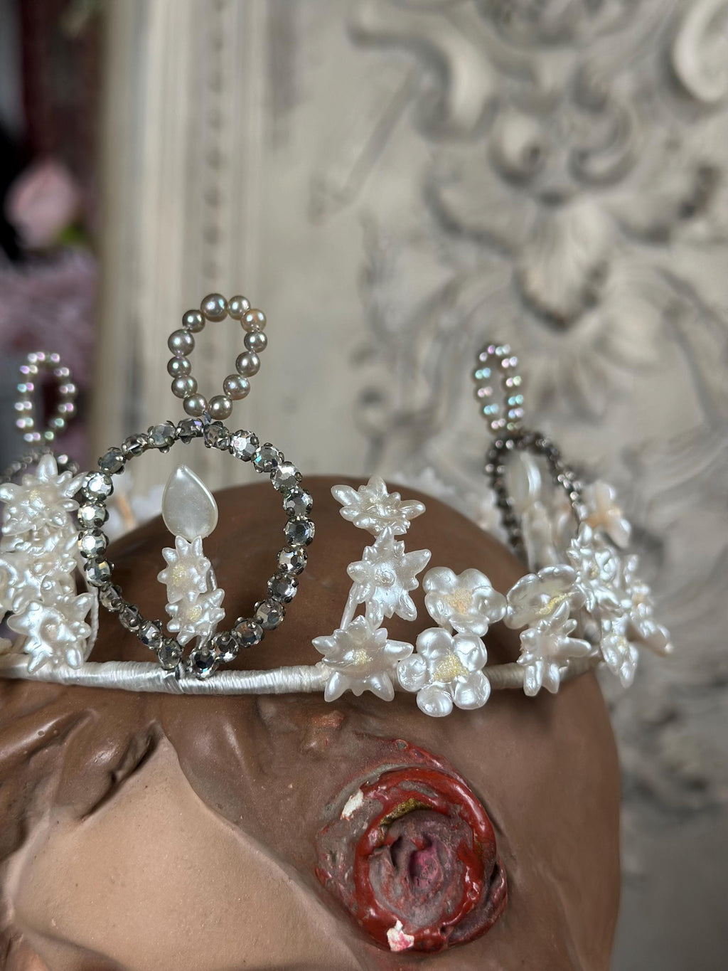 1910s 1920s Wax Elegant Handcrafted Pearl and Crystal wedding Tiara