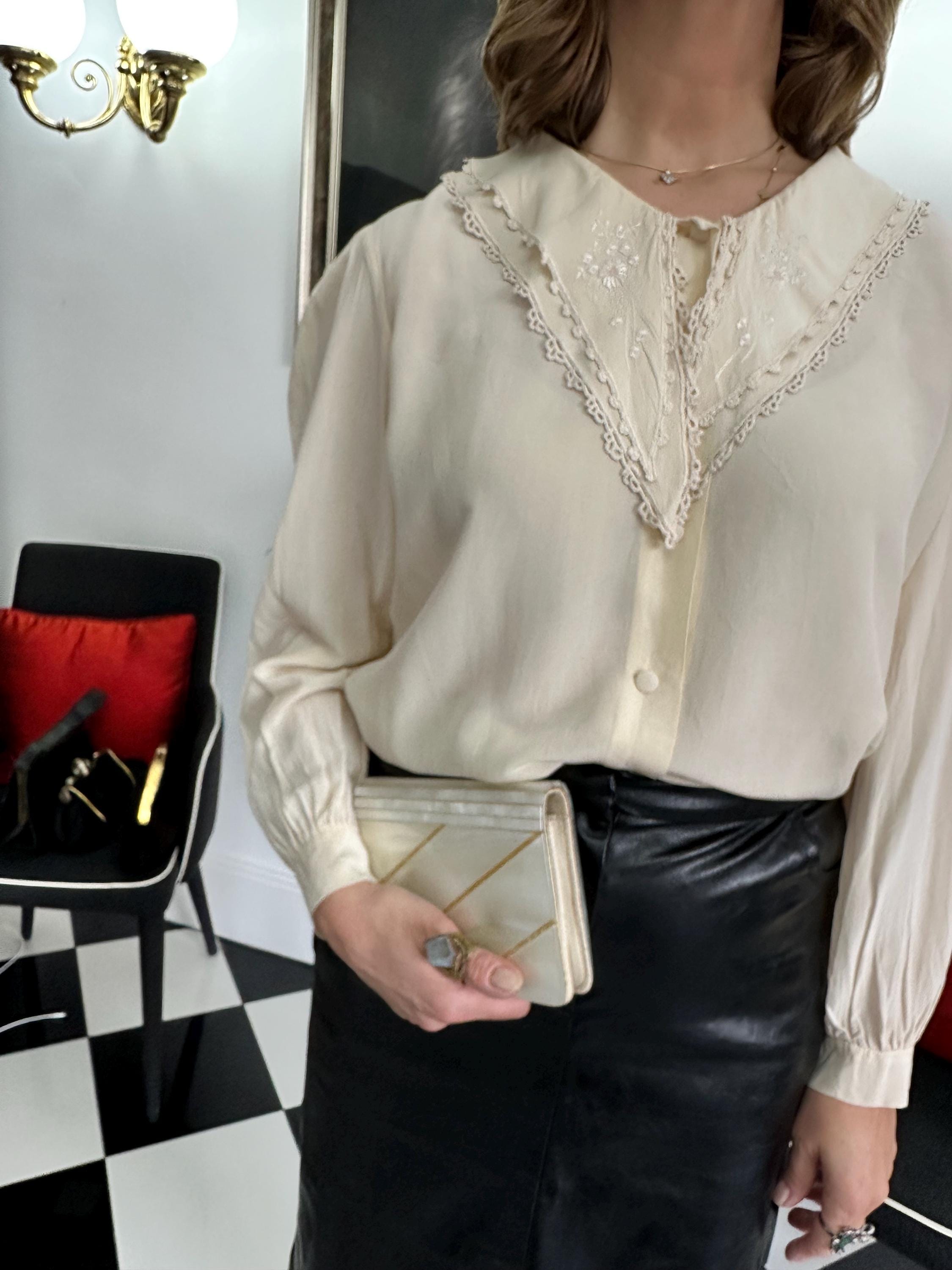 Vintage cream silk blouse with hand embroidery detail