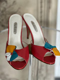 Vintage 70s Red Leather Heeled Slippers with 3D Flower - UK 4 (37)