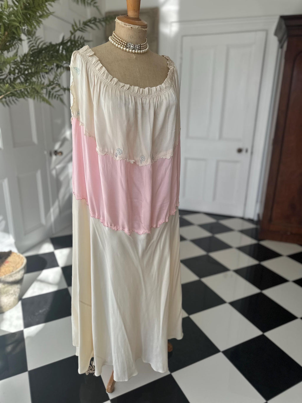 1930s Two-Tone Silk Gown: Pink, Cream, Hand-Embroidered, Scalloped Maxi Dress