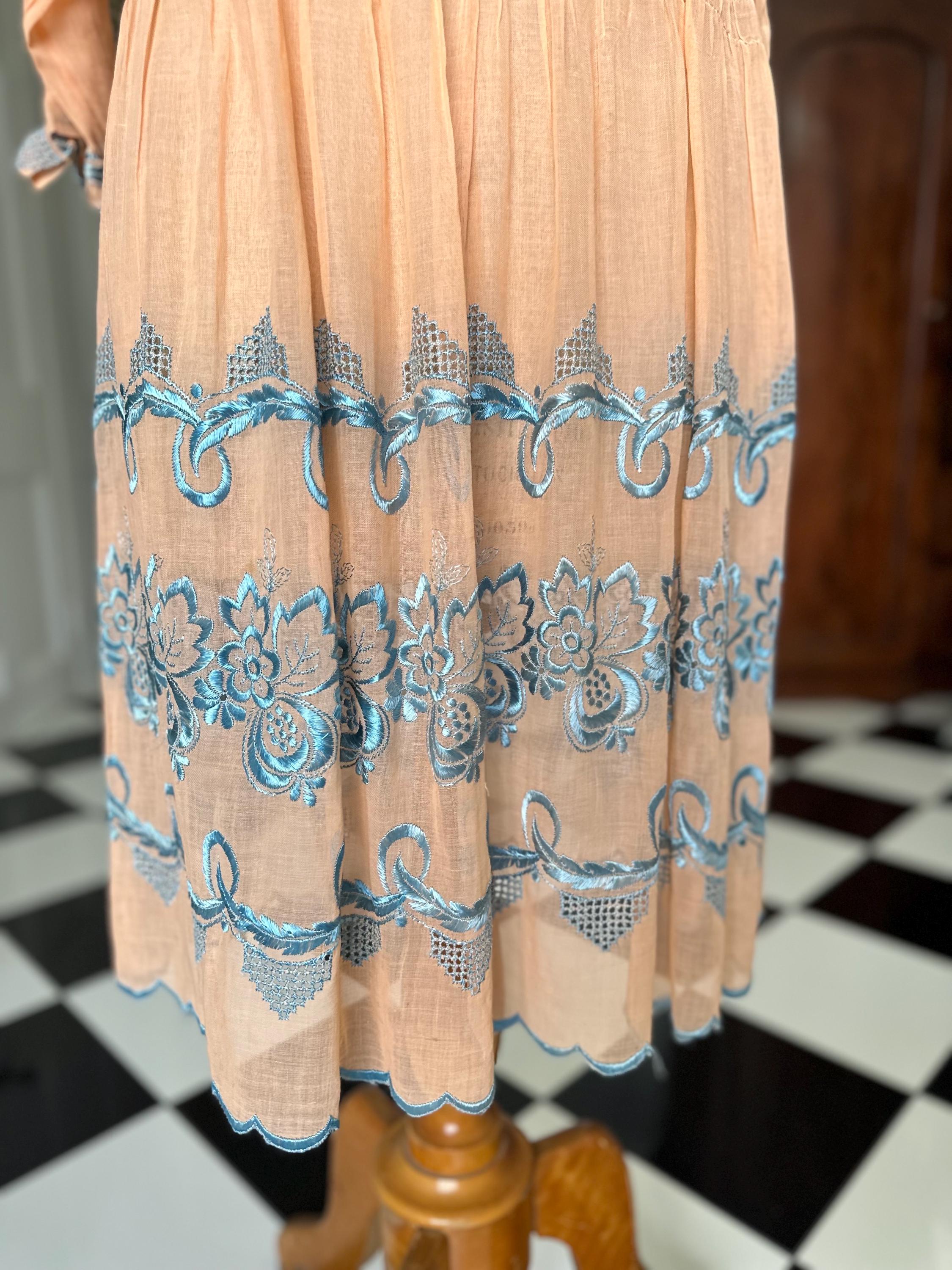 1920s day dress in Peach muslin with silk floss embroidery