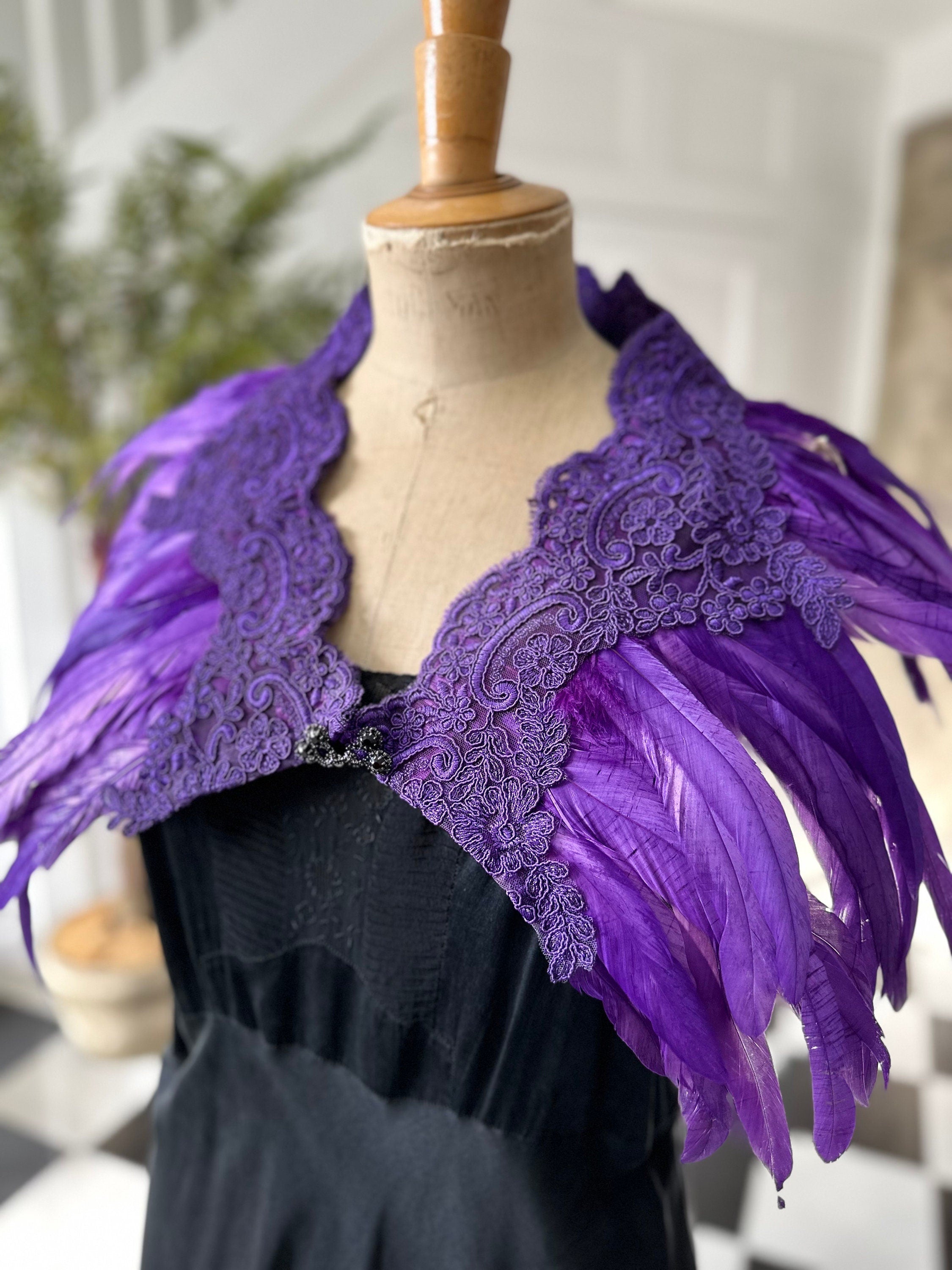 1920s 1930s Vintage style purple feather cape shawl with lace trimming details