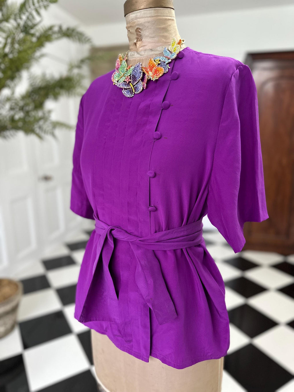 Vintage Deep Purple Silk Blouse with silk belt