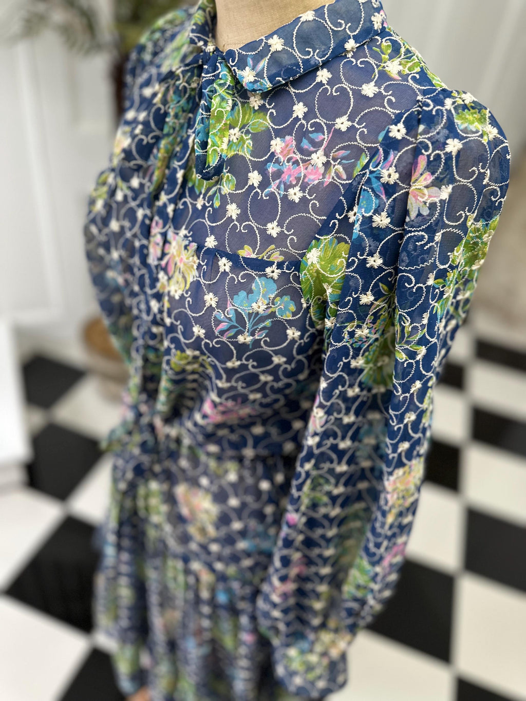 1970s Vintage Organdie Dress: Blue Green Floral Embroidered Long Sleeve