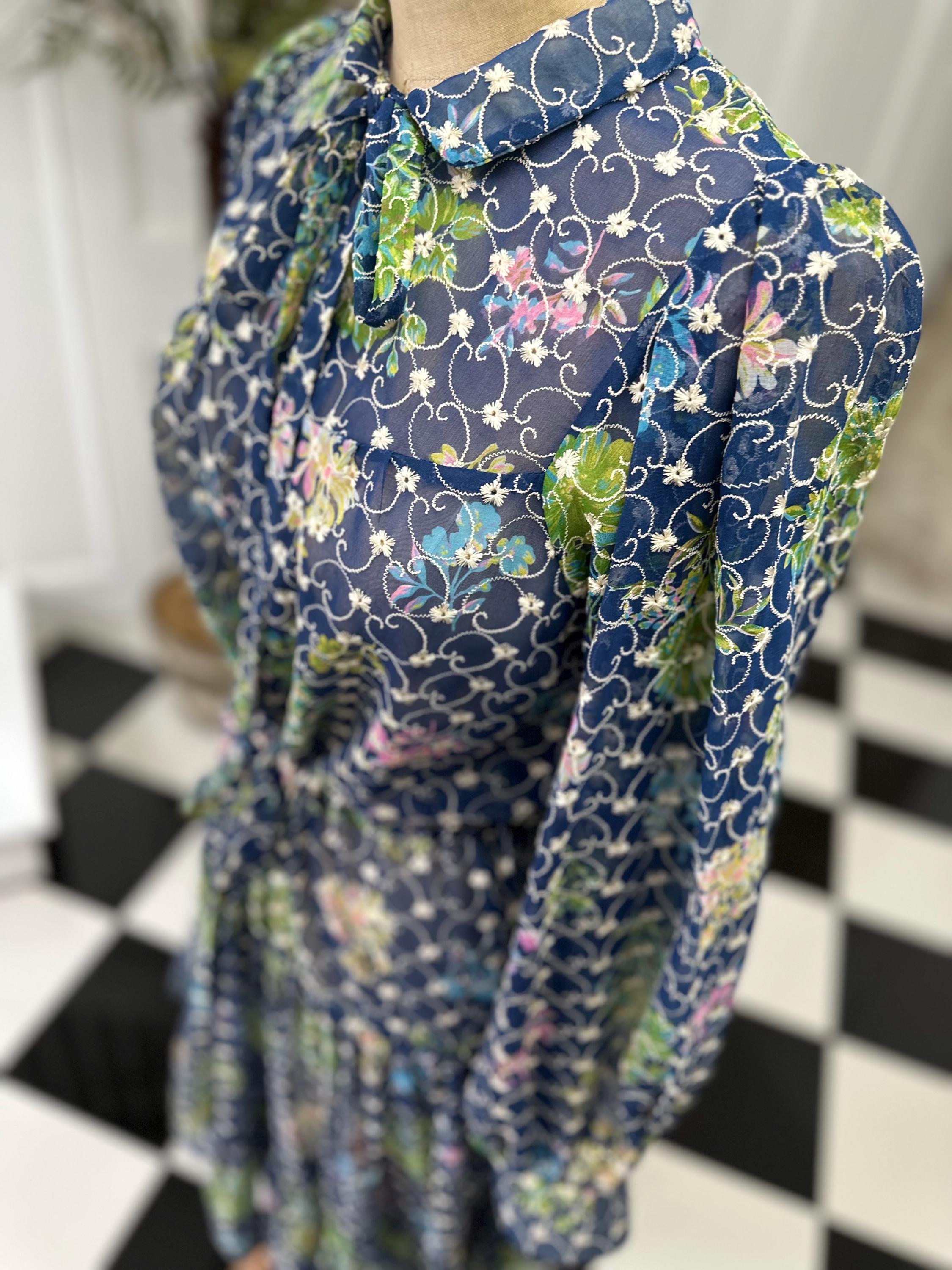 1970s Vintage Organdie Dress: Blue Green Floral Embroidered Long Sleeve