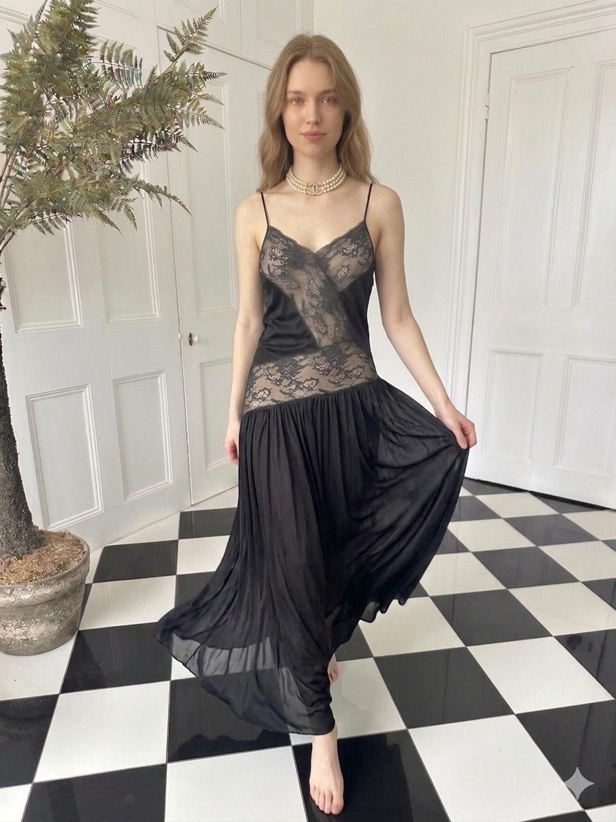 Vintage 1950 black lace slip dress lingerie