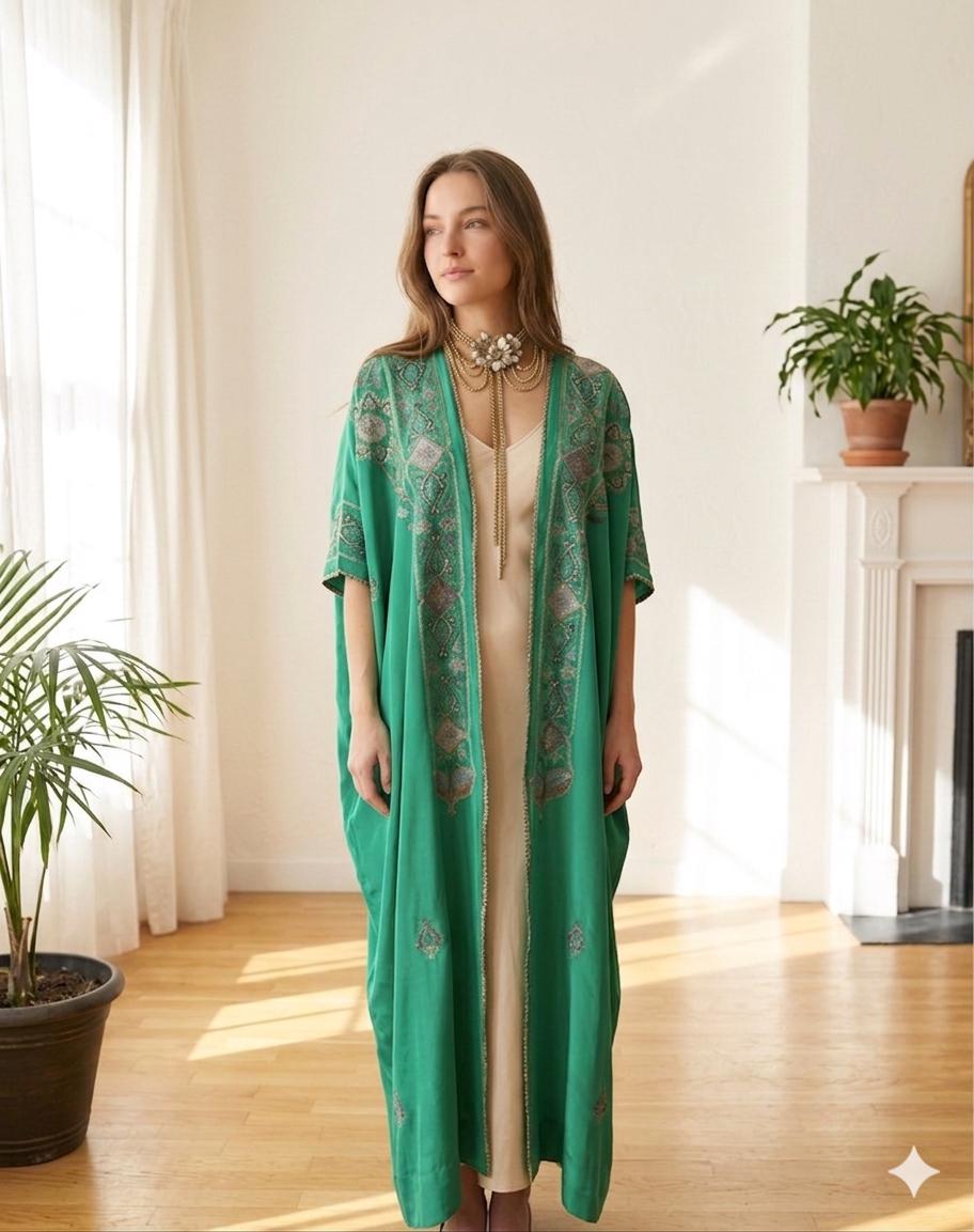 Antique Ottoman Silk Kaftan: 19th Century Emerald Green Embroidered Robe