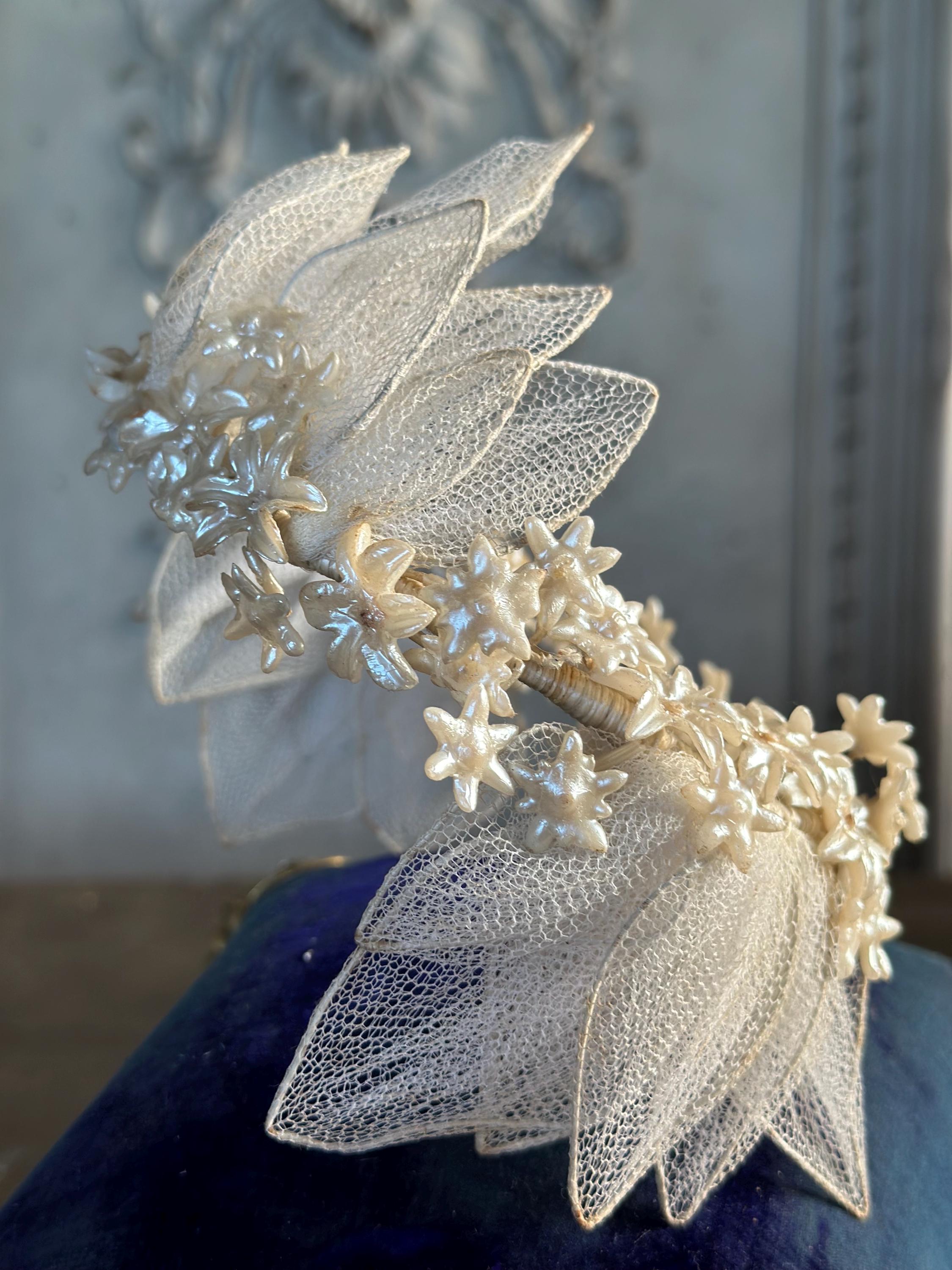 Antique 1940s  Floral Wax Tiara with tulle