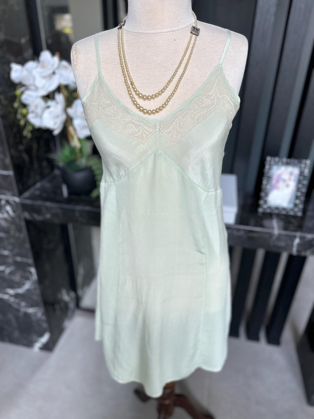 Antique 1930s Mint Green Silk Slip – Authentic Lace Inset Bias-Cut Dress