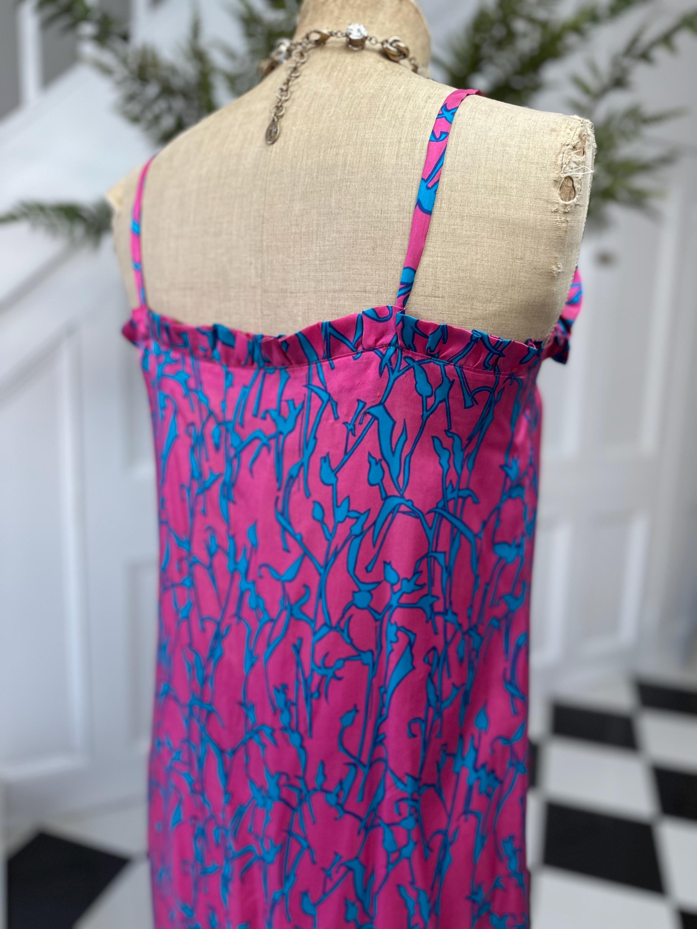1970s Vintage silk spaghetti summer dress in hot pink and turquoise