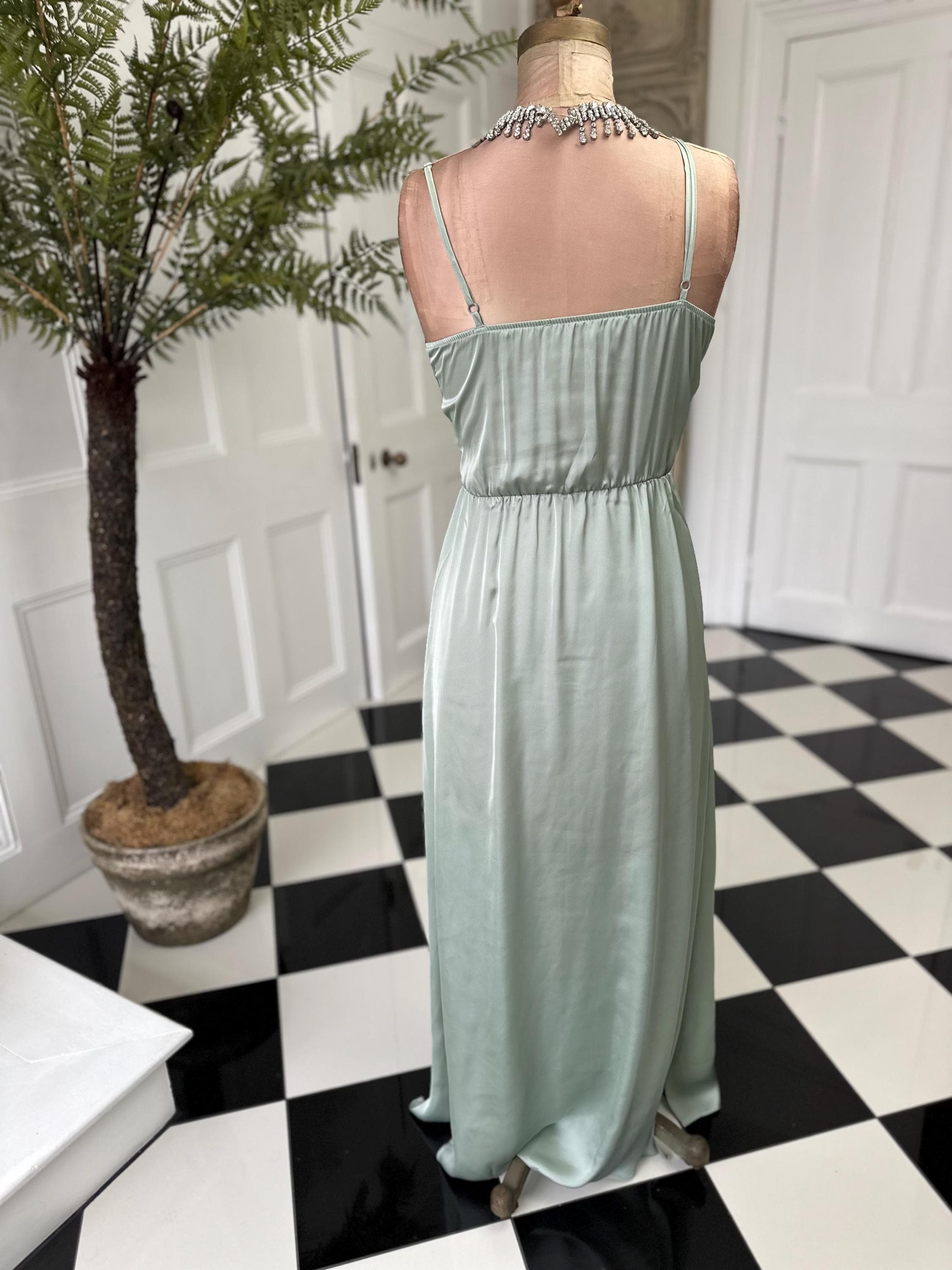 1930s style sage green  ostrich feather satin gown