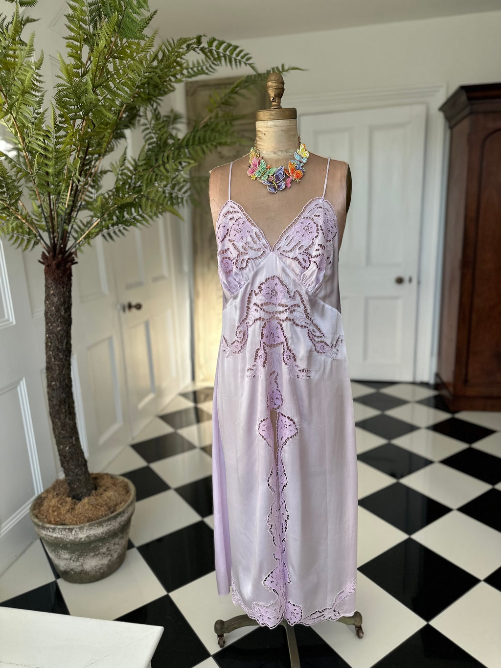 Vintage very sexy lilac cutout lace long slip
