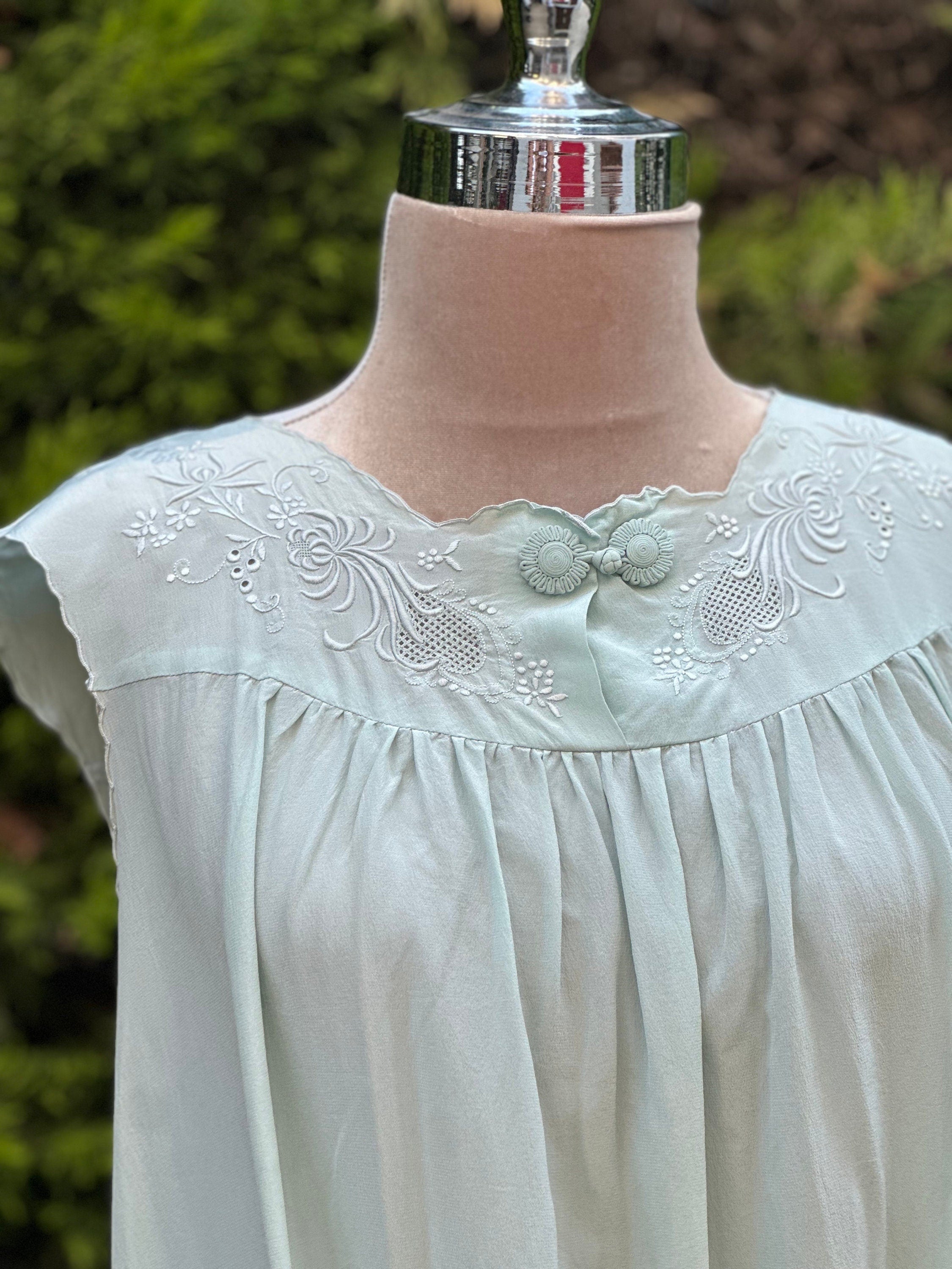 Vintage 1950s seafoam green silk smock slip  hand embroidered slip