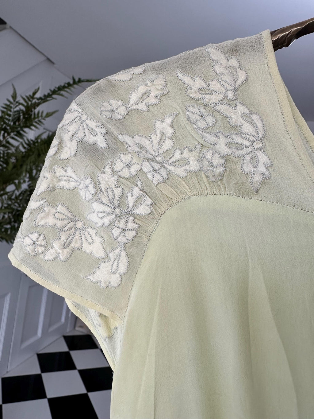 1940s Vintage Silk  Hand Embroidered Dress in mint green