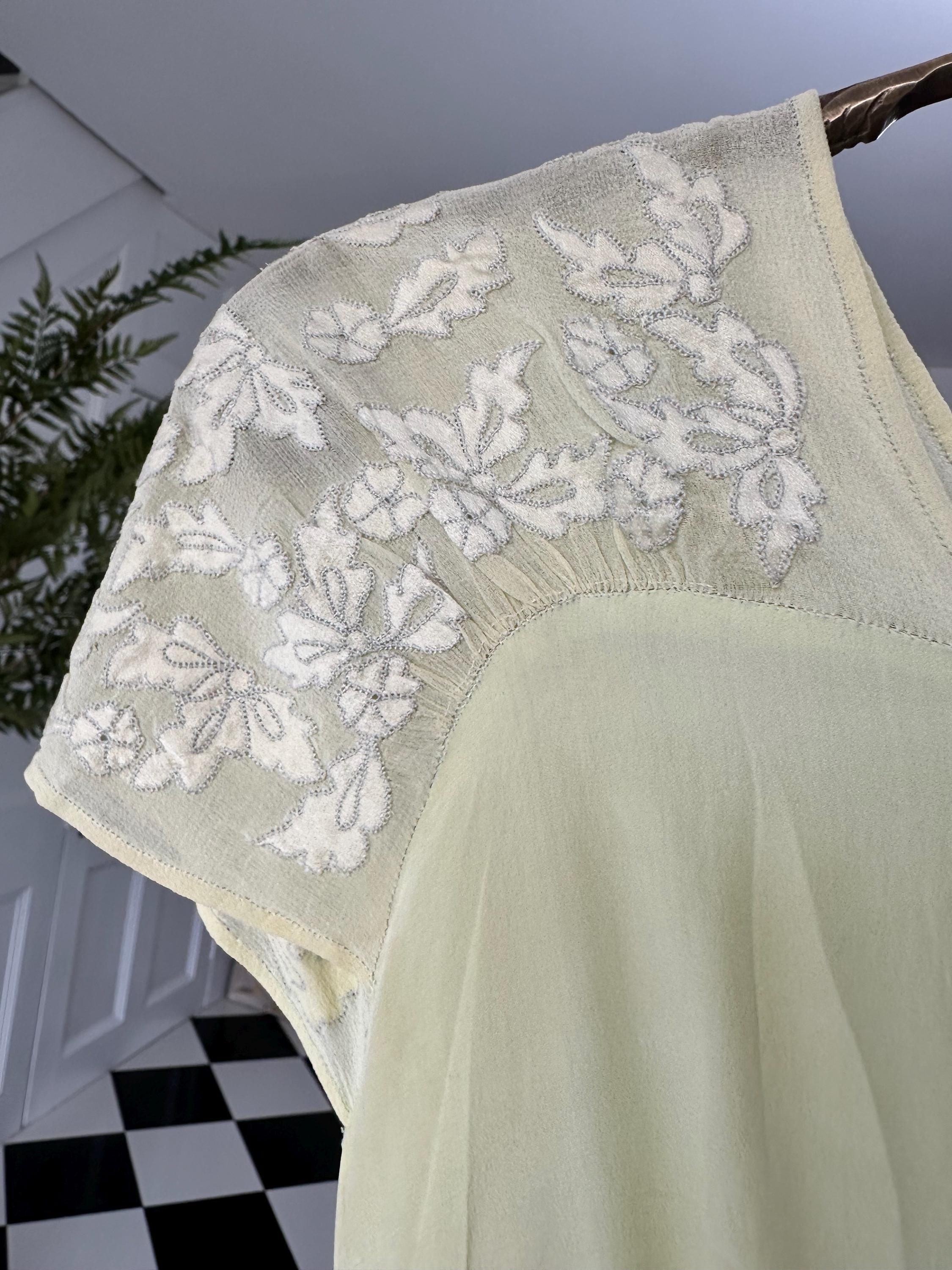 1940s Vintage Silk  Hand Embroidered Dress in mint green