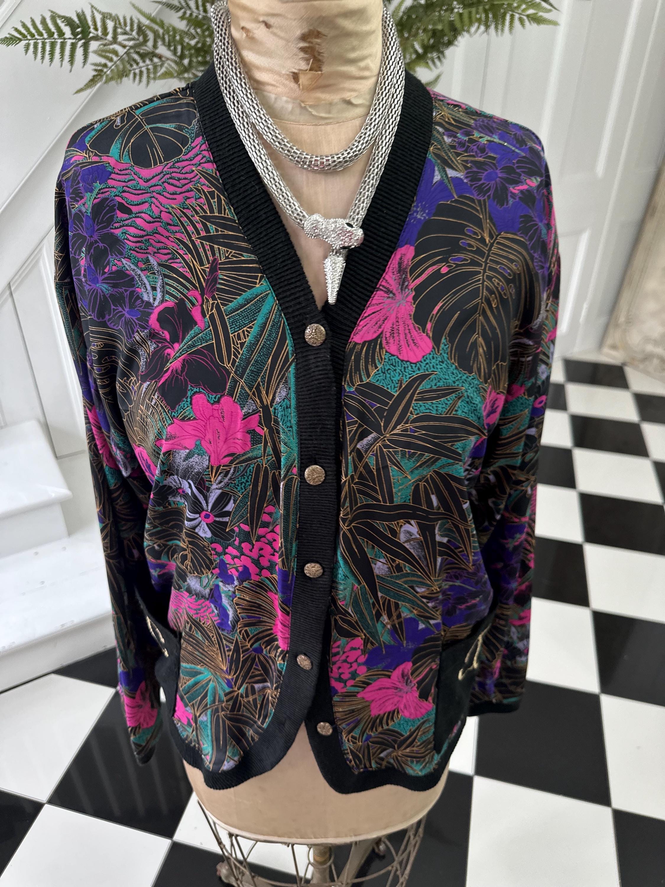 1980s Black Blouse Cardigan with Tropical Pattern