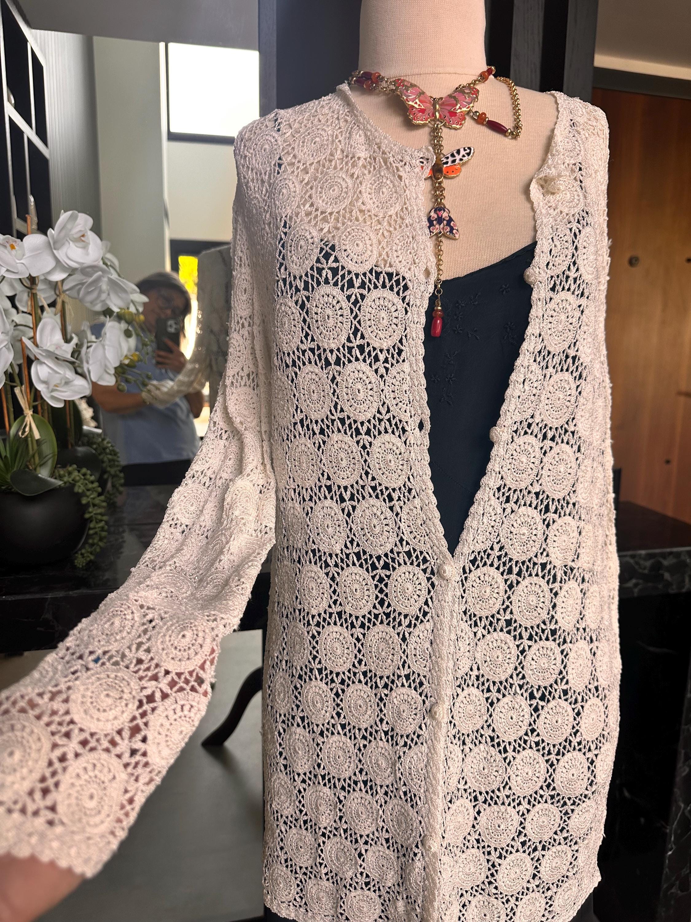 Hand Crocheted White Cardigan – Boho Medallion Lace Jacket, Cotton Blend Summer Knitwear