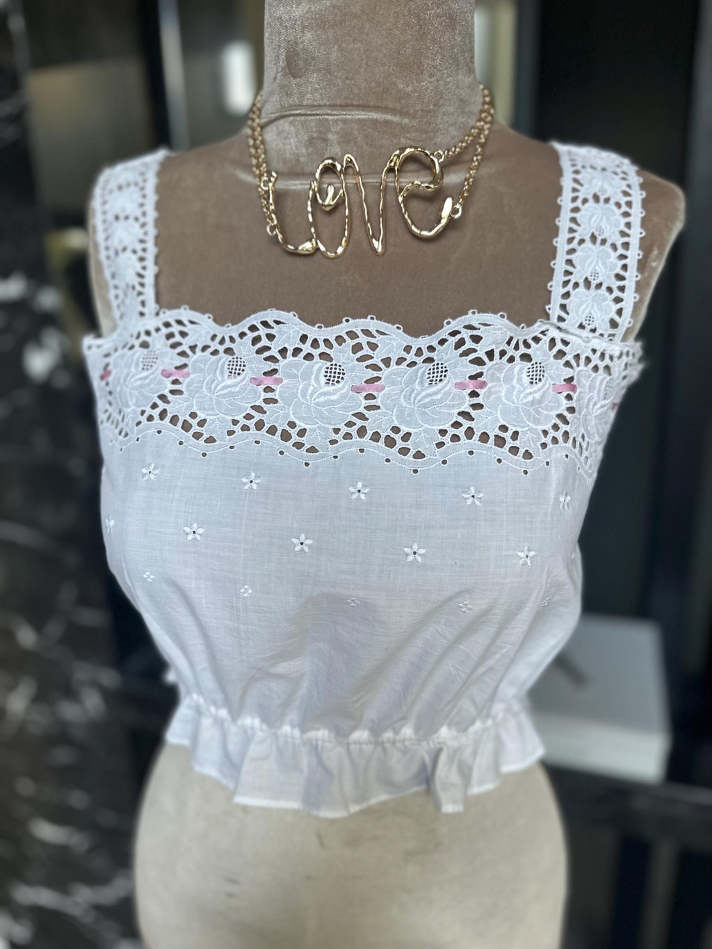 The "Petal & Lace" Archive Top – Rare 1930s Cotton Eyelet Camisole with Pink Silk Ribbon