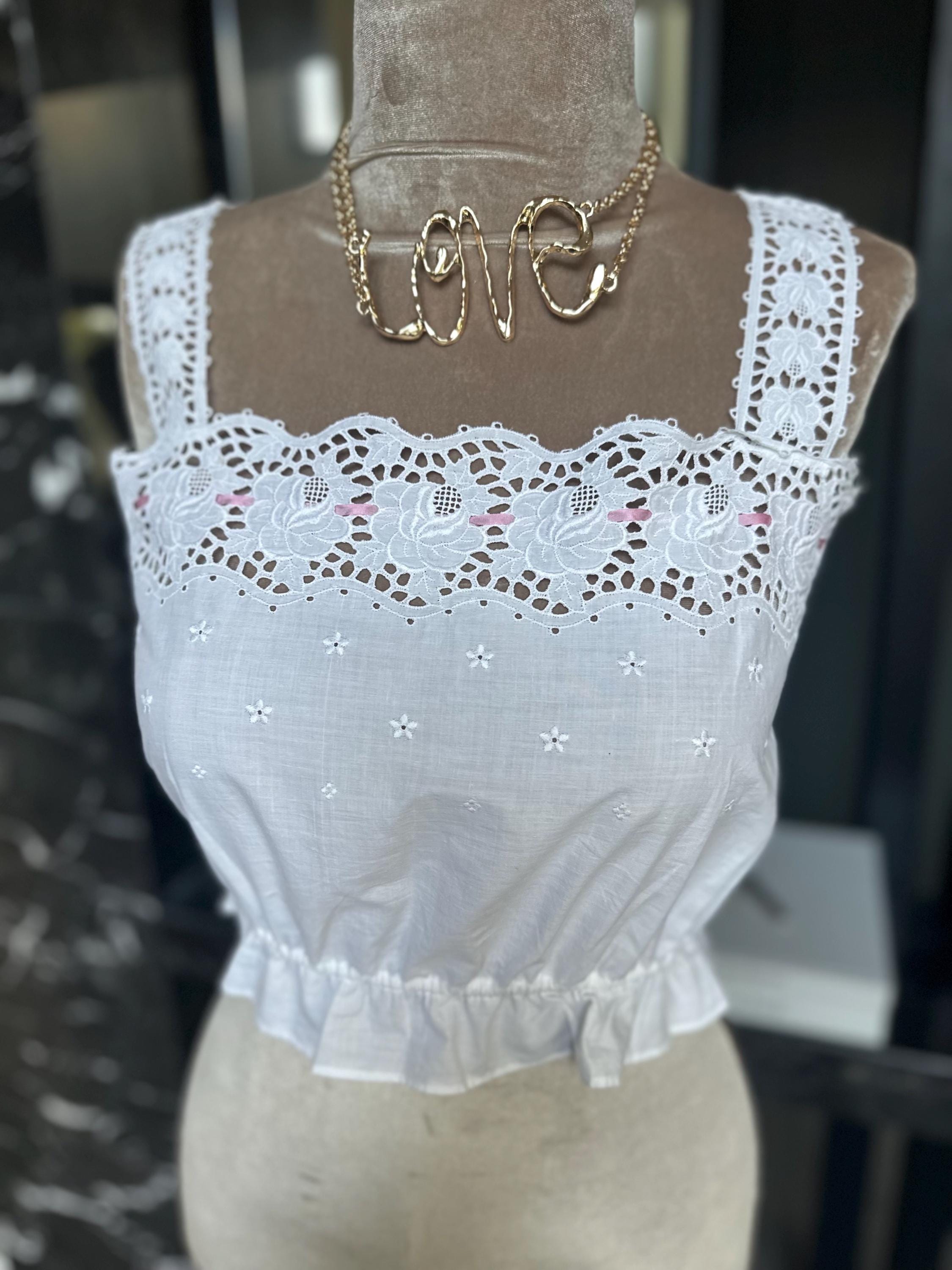 The "Petal & Lace" Archive Top – Rare 1930s Cotton Eyelet Camisole with Pink Silk Ribbon
