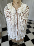 Vintage Off-White Hand Knitted Cape with Ruffle Neckline  and Pom Poms