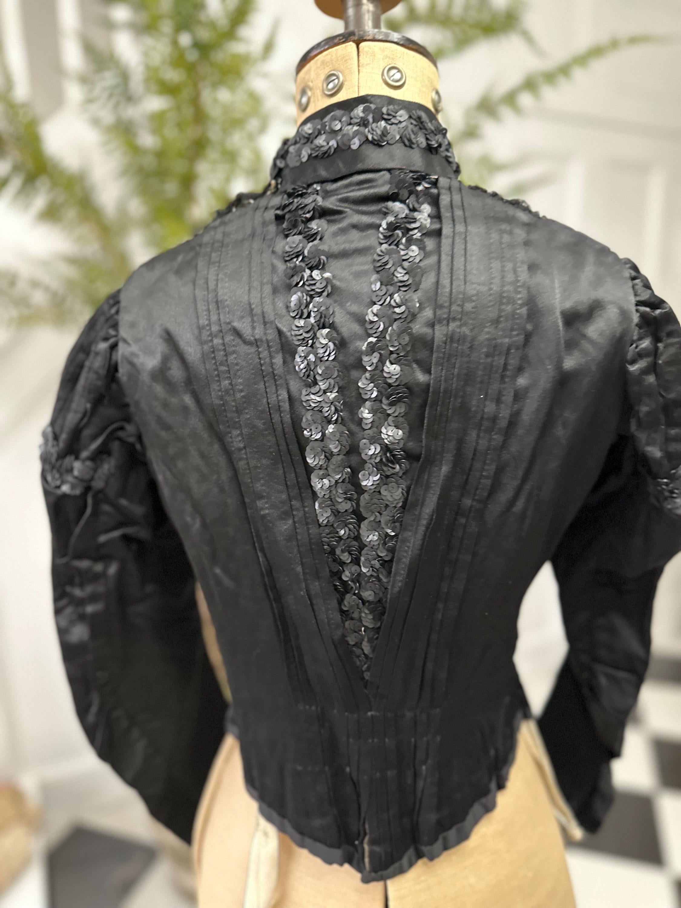 Antique Black Silk Satin Dress: Sequin Beaded Tulle Bodice, Collectible Vintage