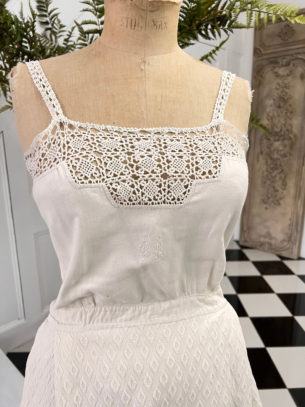 Antique 1800s underdress garment with crochet and quilted skirt monogram AE